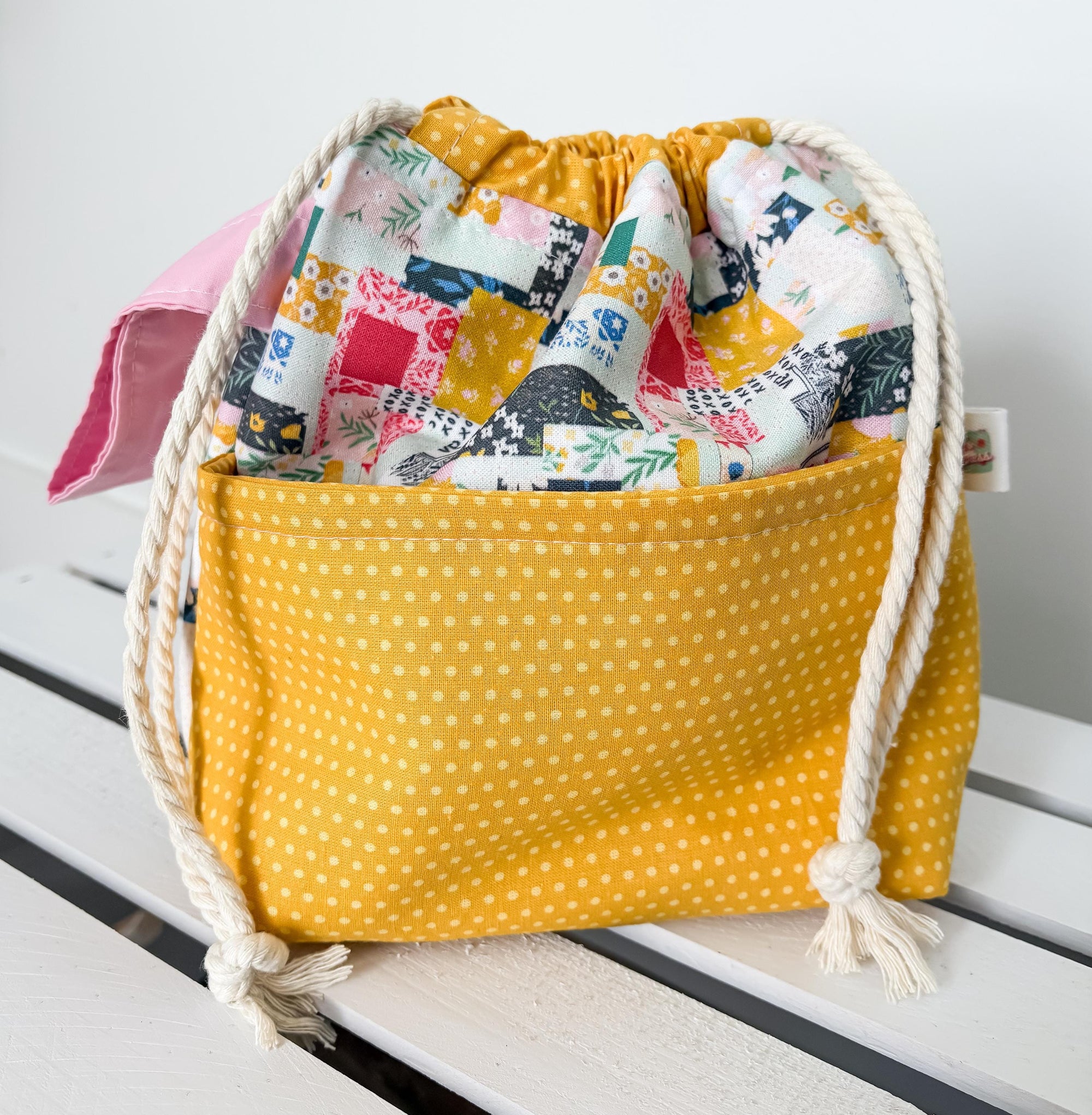 Patchwork Project Bag with Pocket and Drawstring