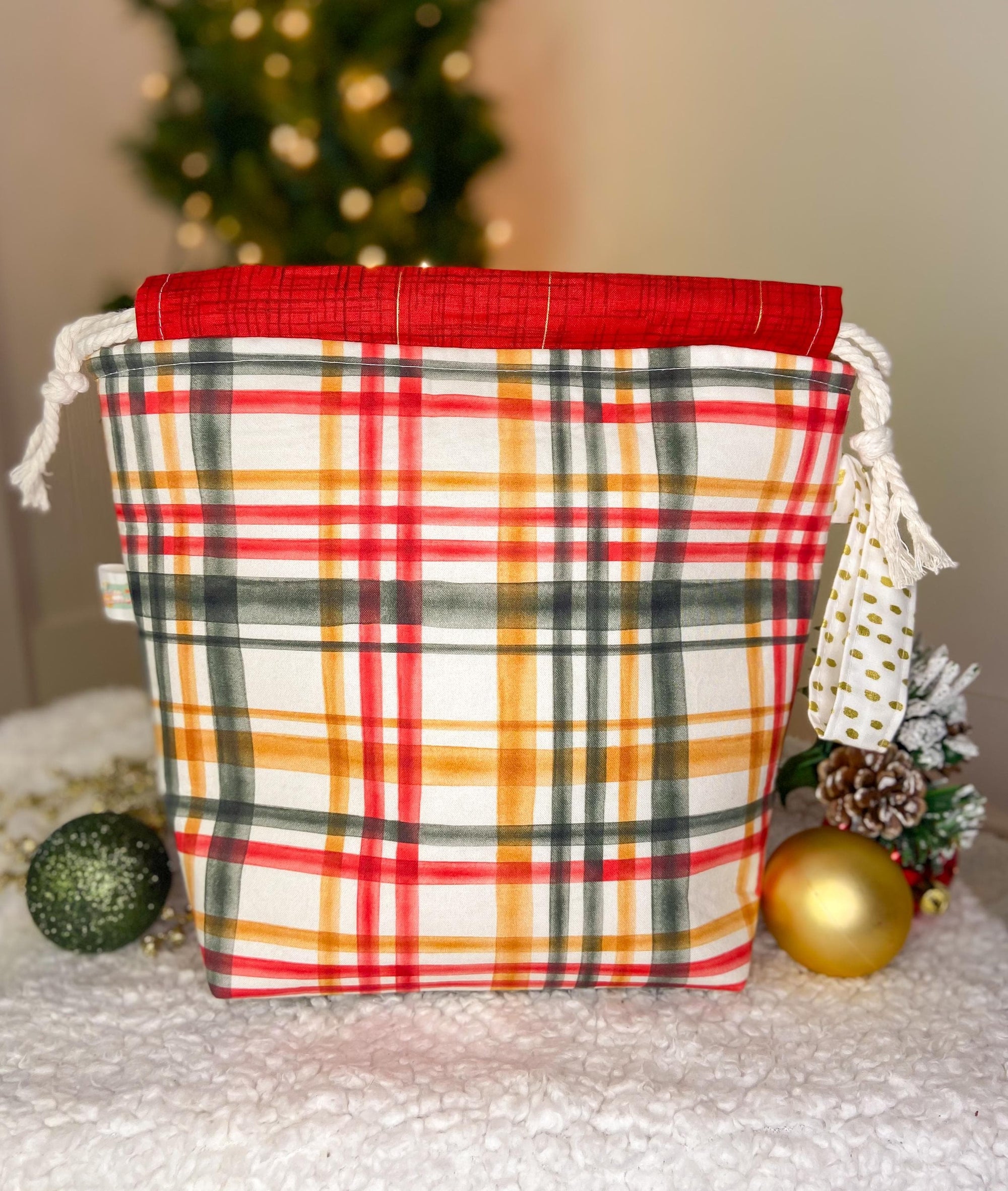 Vintage Christmas Drawstring Project Bag with Pocket