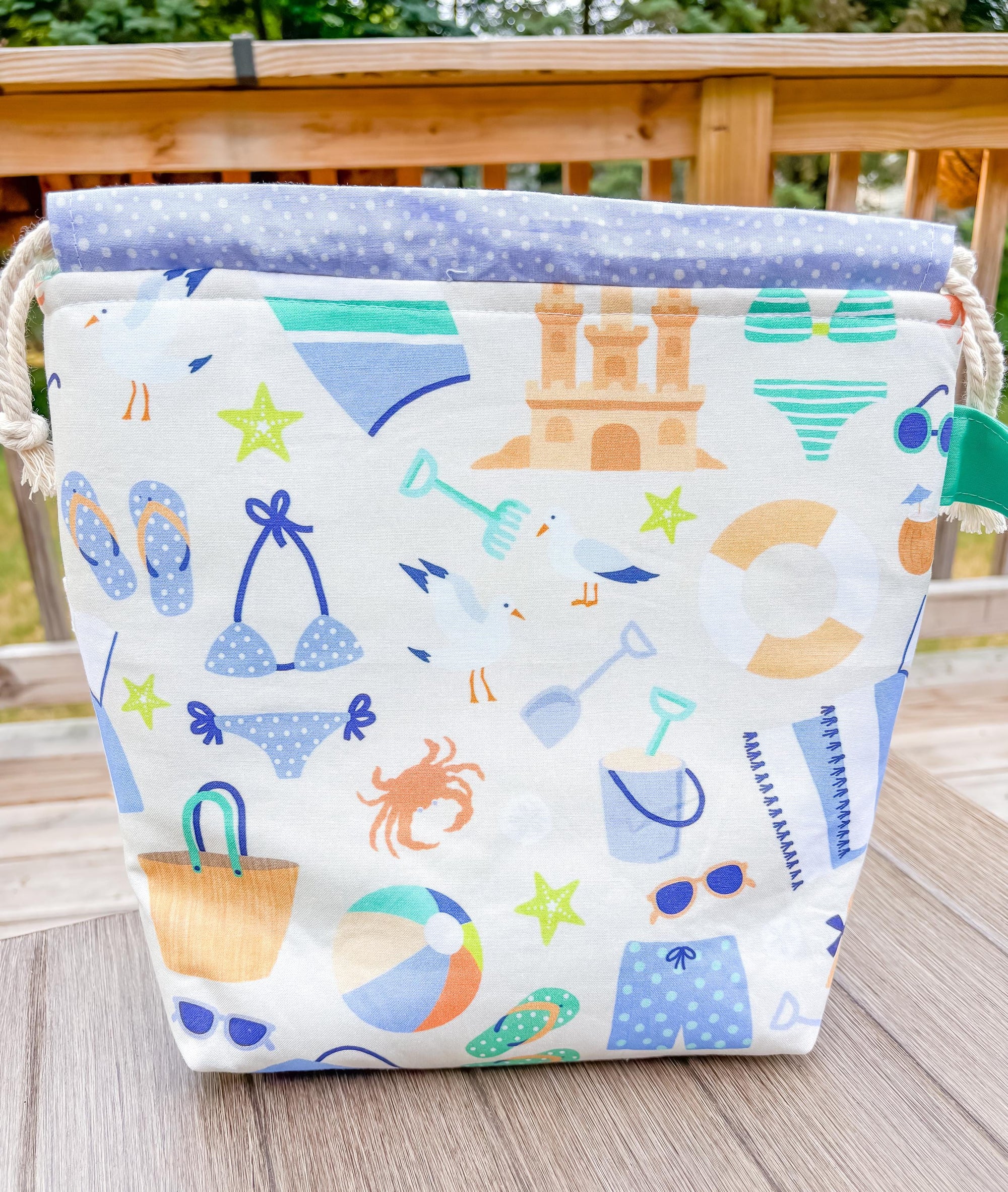 At the Ocean Medium Drawstring Project Bag with Pocket for Knitting and Crochet