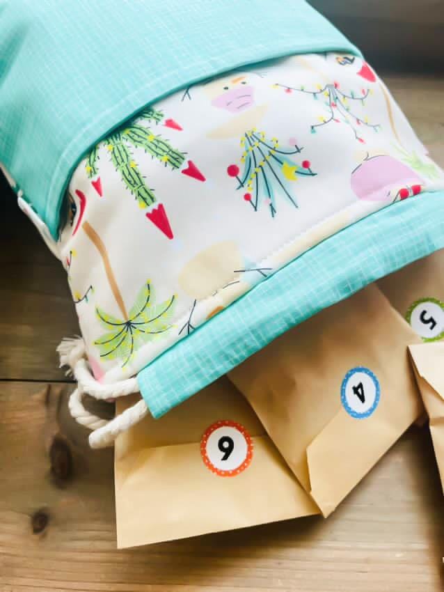 Santa’s Tropical Vacation Drawstring Project Bag with Pocket for Crochet and Knitting