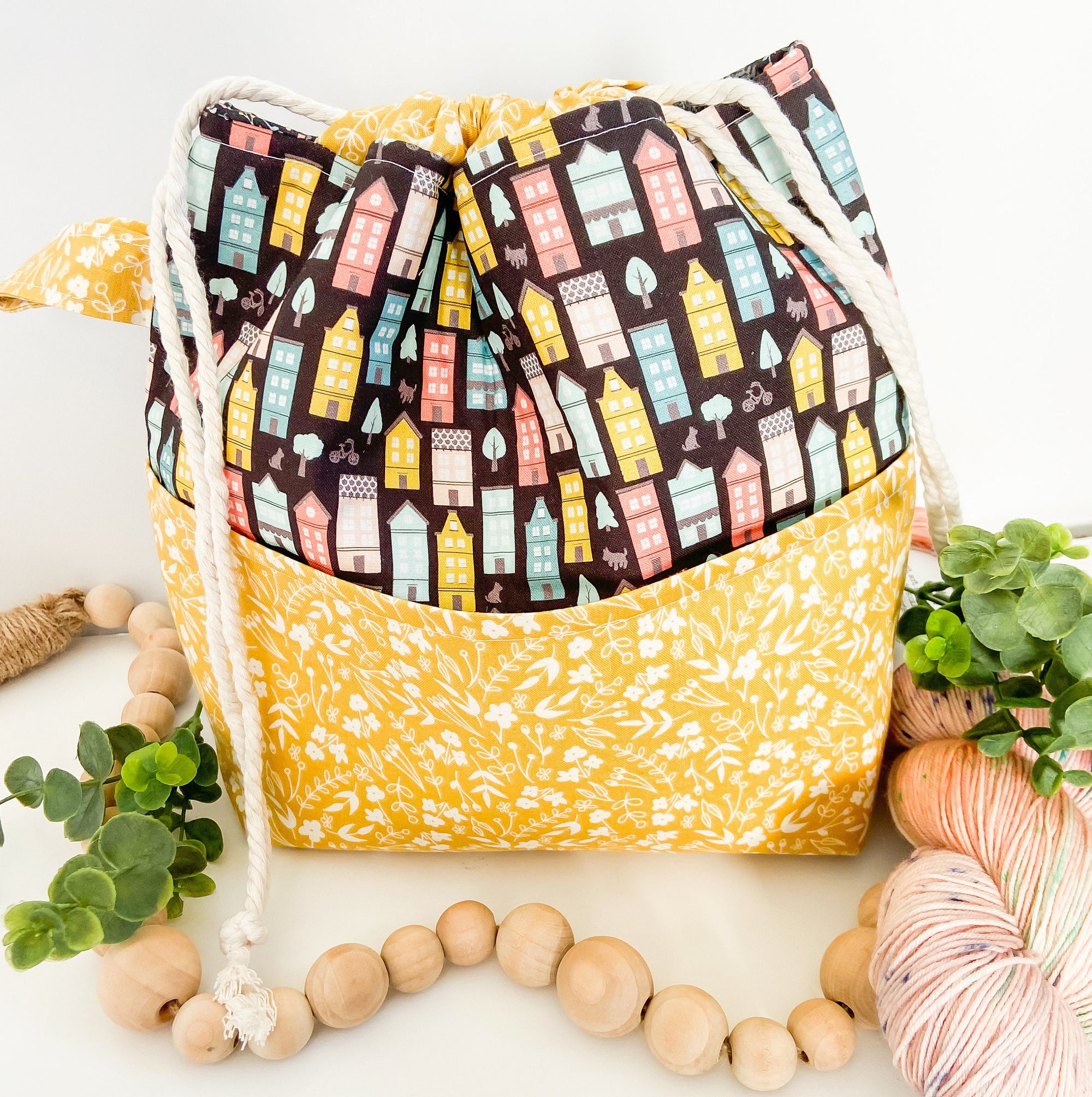 Townhouse Drawstring Project Bag with Pocket