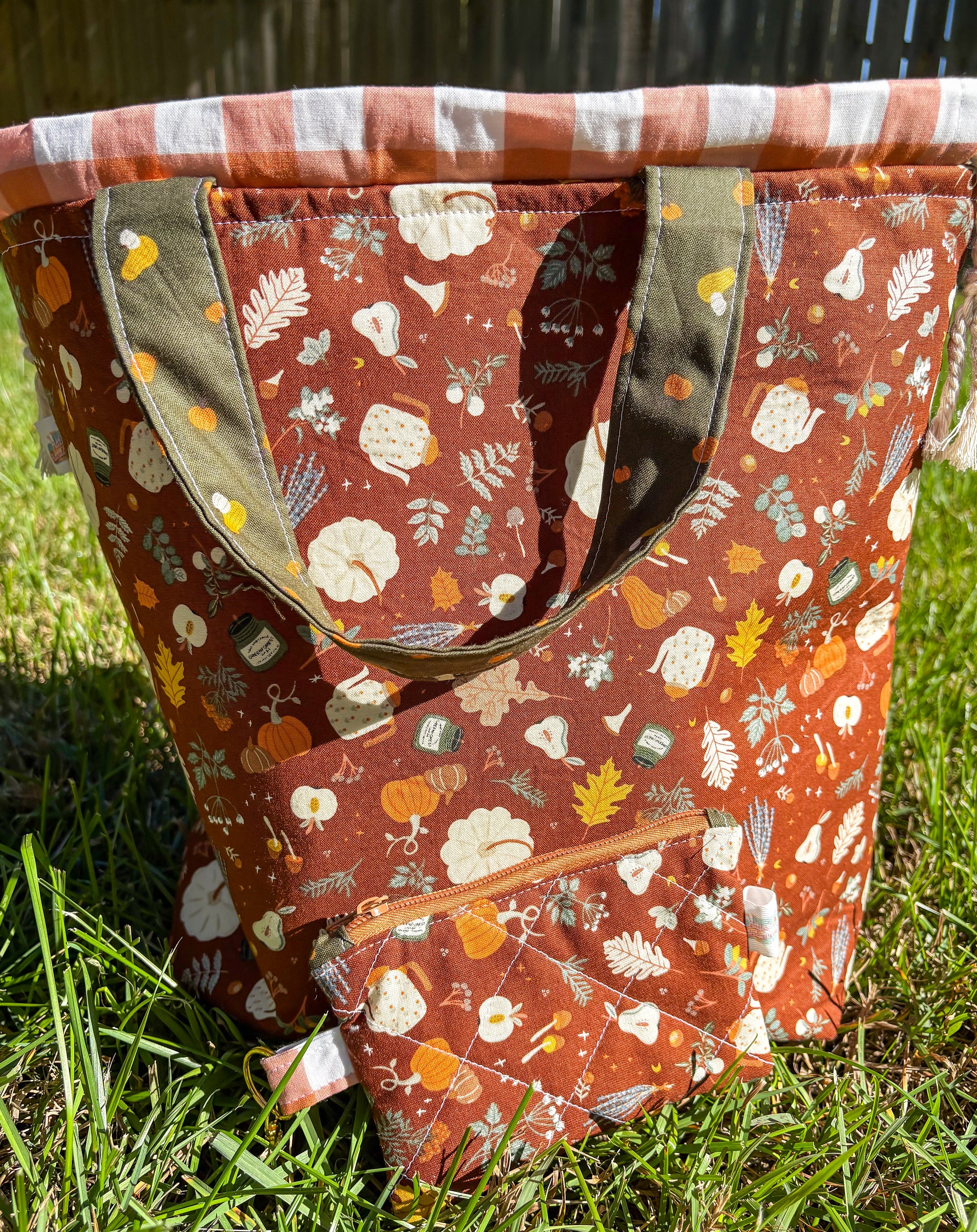 Falling For Fall Sweater Sized Drawstring Project Bag with Pocket for Knitting and Crochet