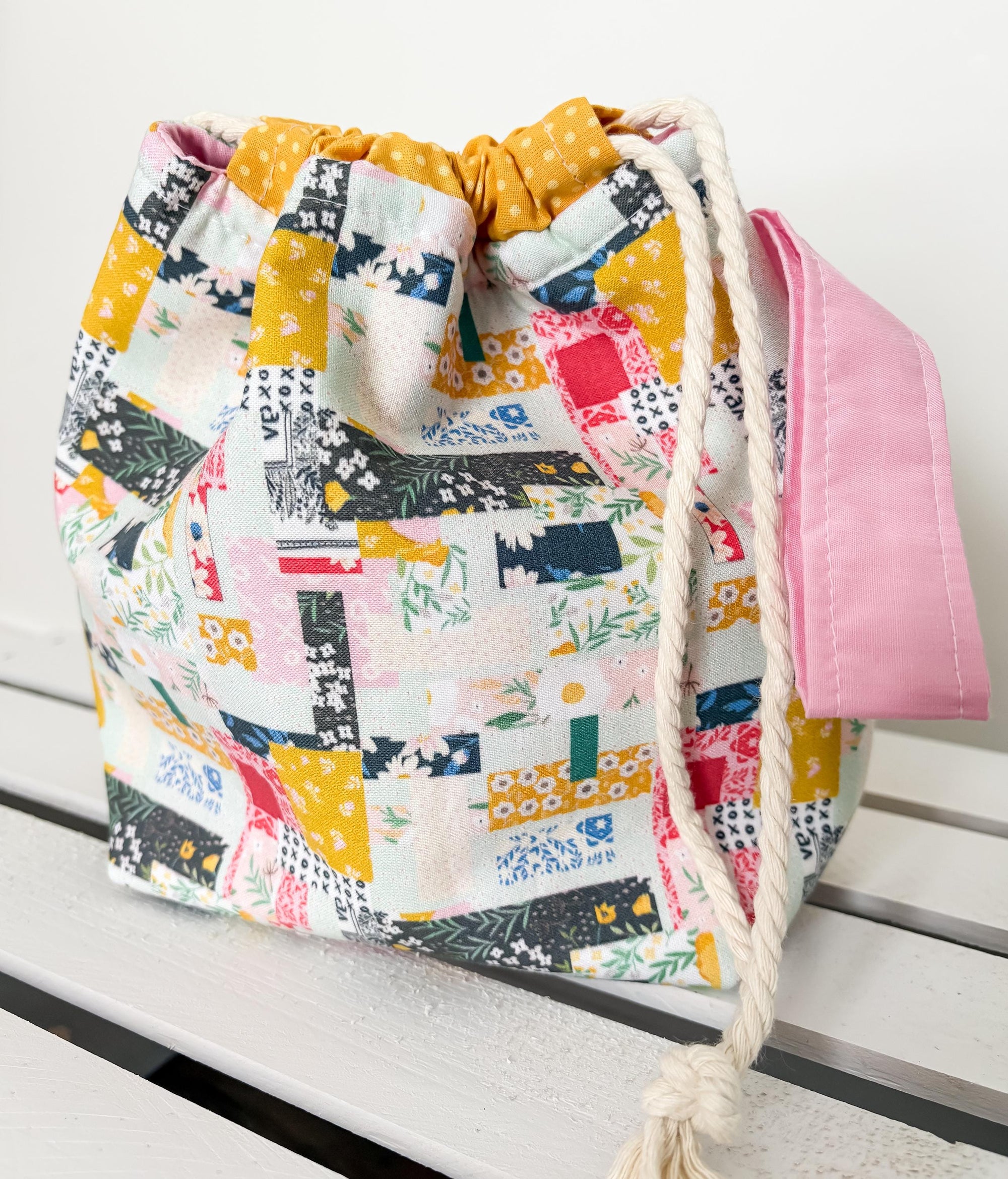 Patchwork Project Bag with Pocket and Drawstring