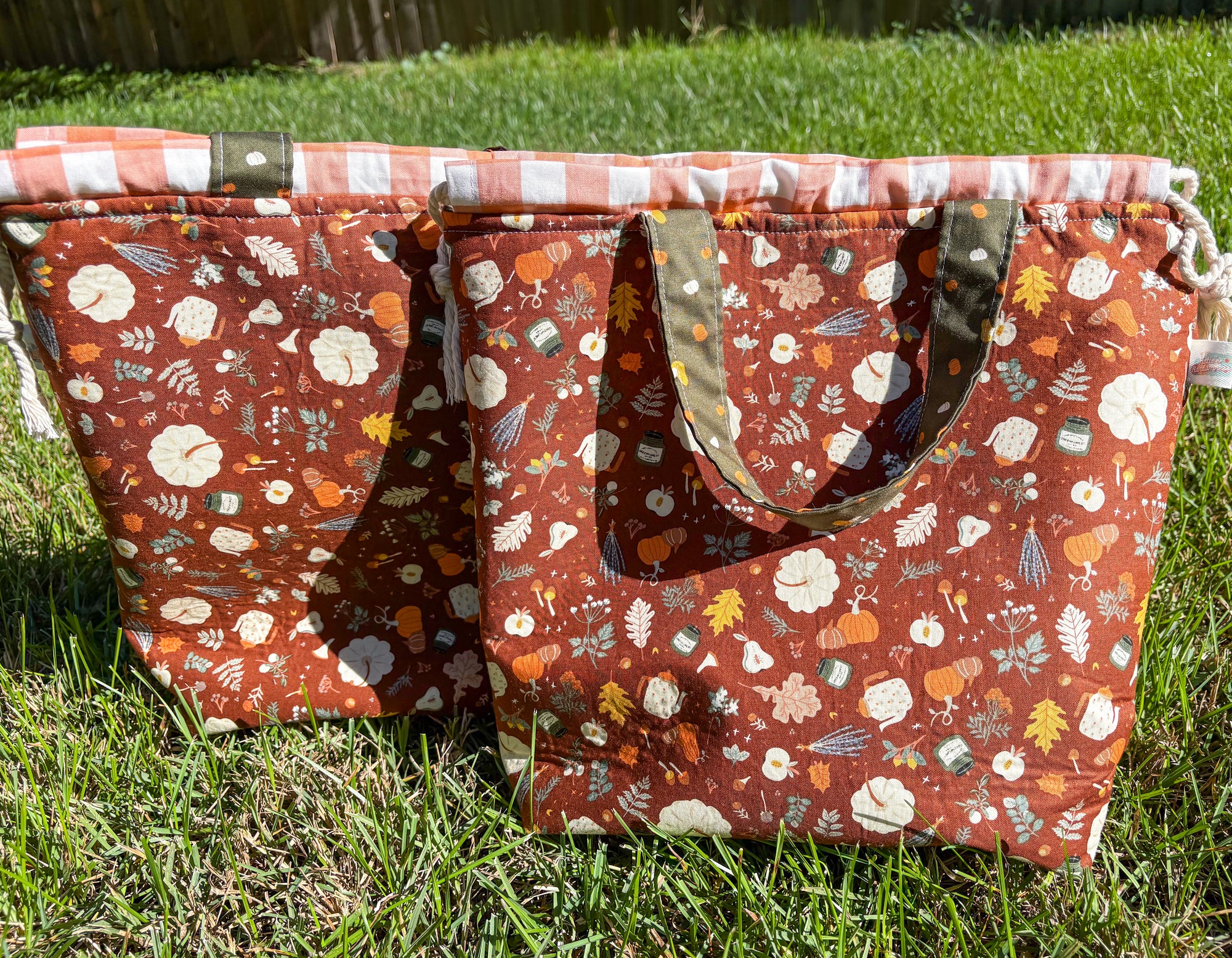 Falling For Fall Sweater Sized Drawstring Project Bag with Pocket for Knitting and Crochet