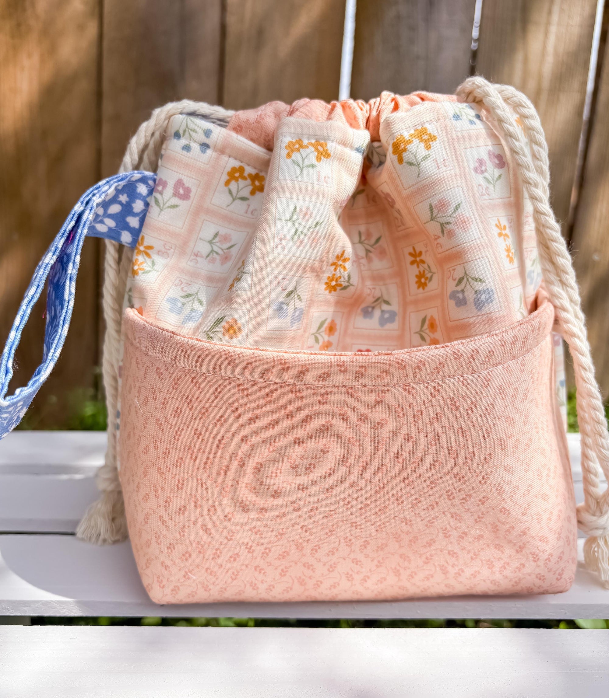 Pretty Postage Drawstring Project Bag with Pocket