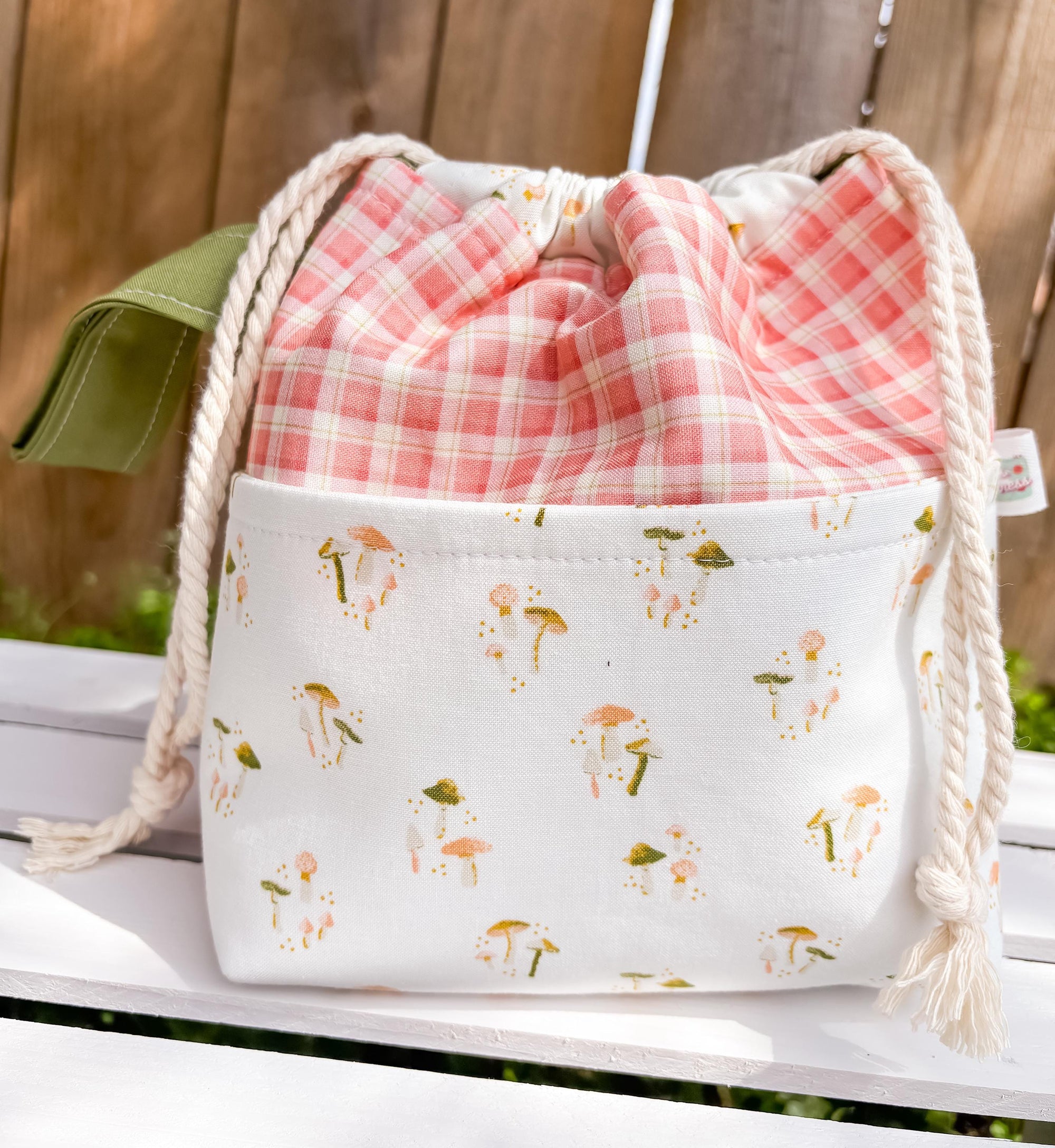 Fungi Picnic Project Bag with Pocket and Drawstring