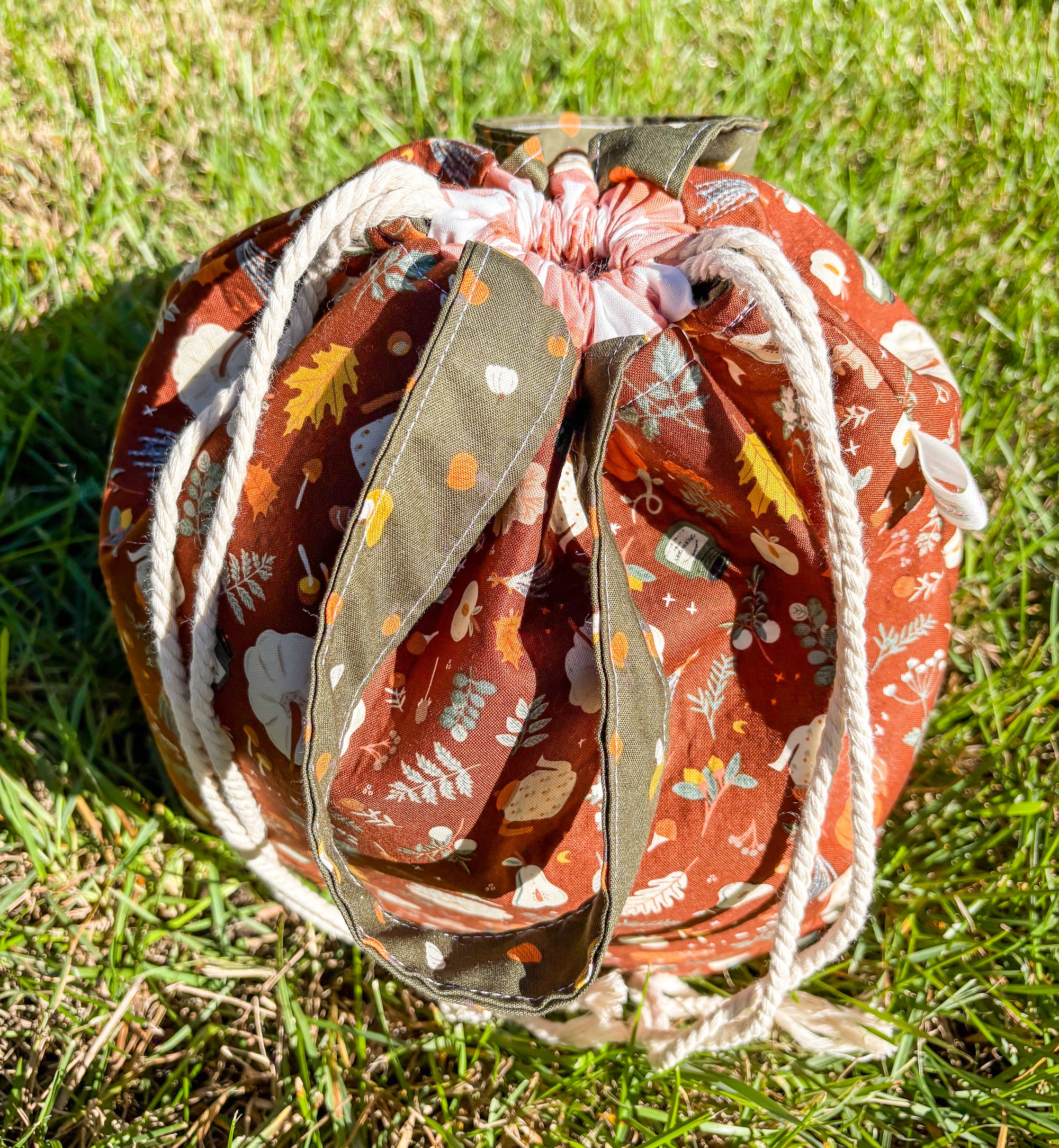 Falling For Fall Sweater Sized Drawstring Project Bag with Pocket for Knitting and Crochet