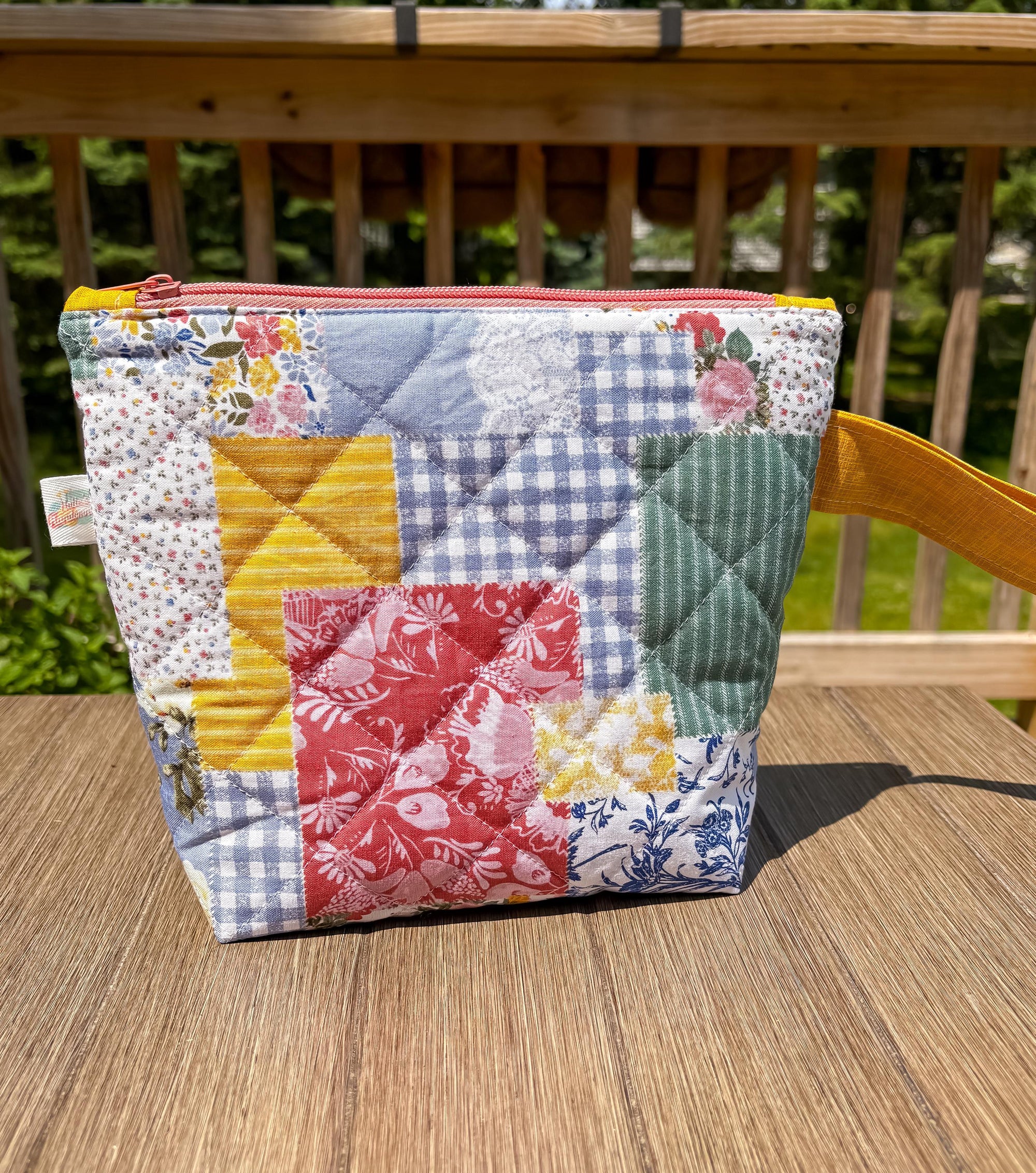 Floral Picnic Quilted Project Bag with Zipper and Notions Clasp for Crochet and Knitting