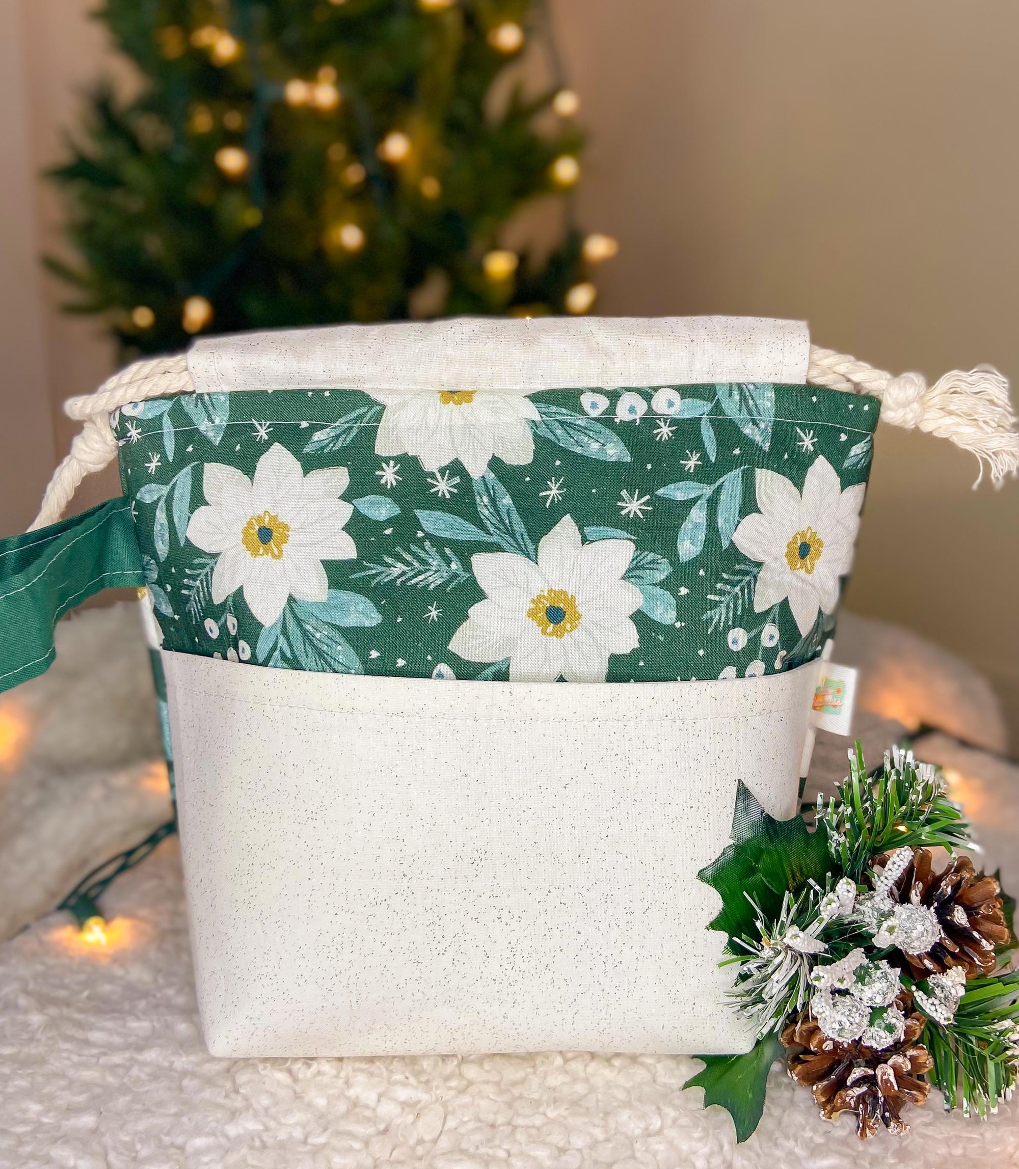 White Pointsettas Drawstring Project Bag with Pocket