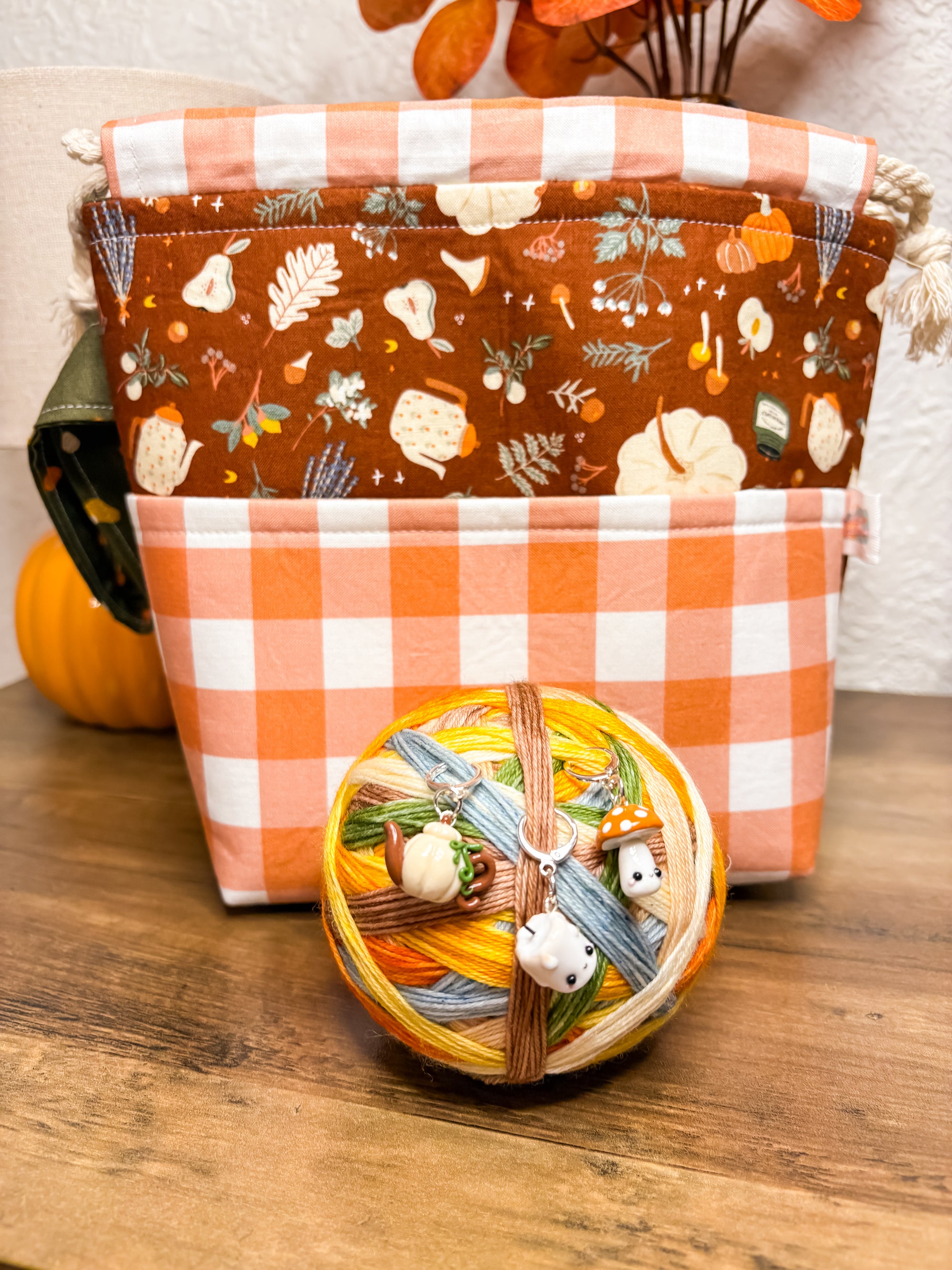 Falling For Fall Drawstring Project Bag with Pocket for Knitting and Crochet