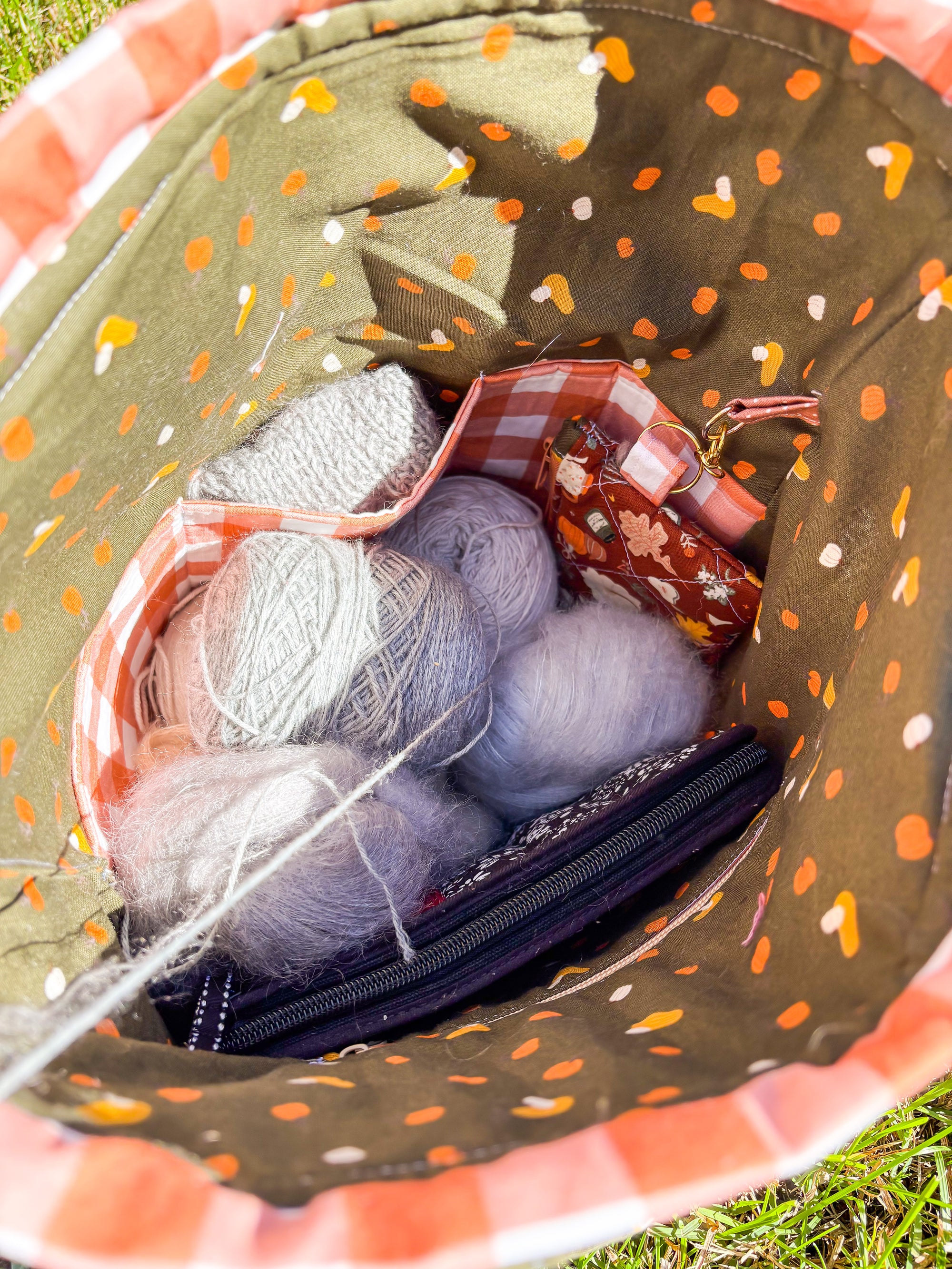 Falling For Fall Sweater Sized Drawstring Project Bag with Pocket for Knitting and Crochet