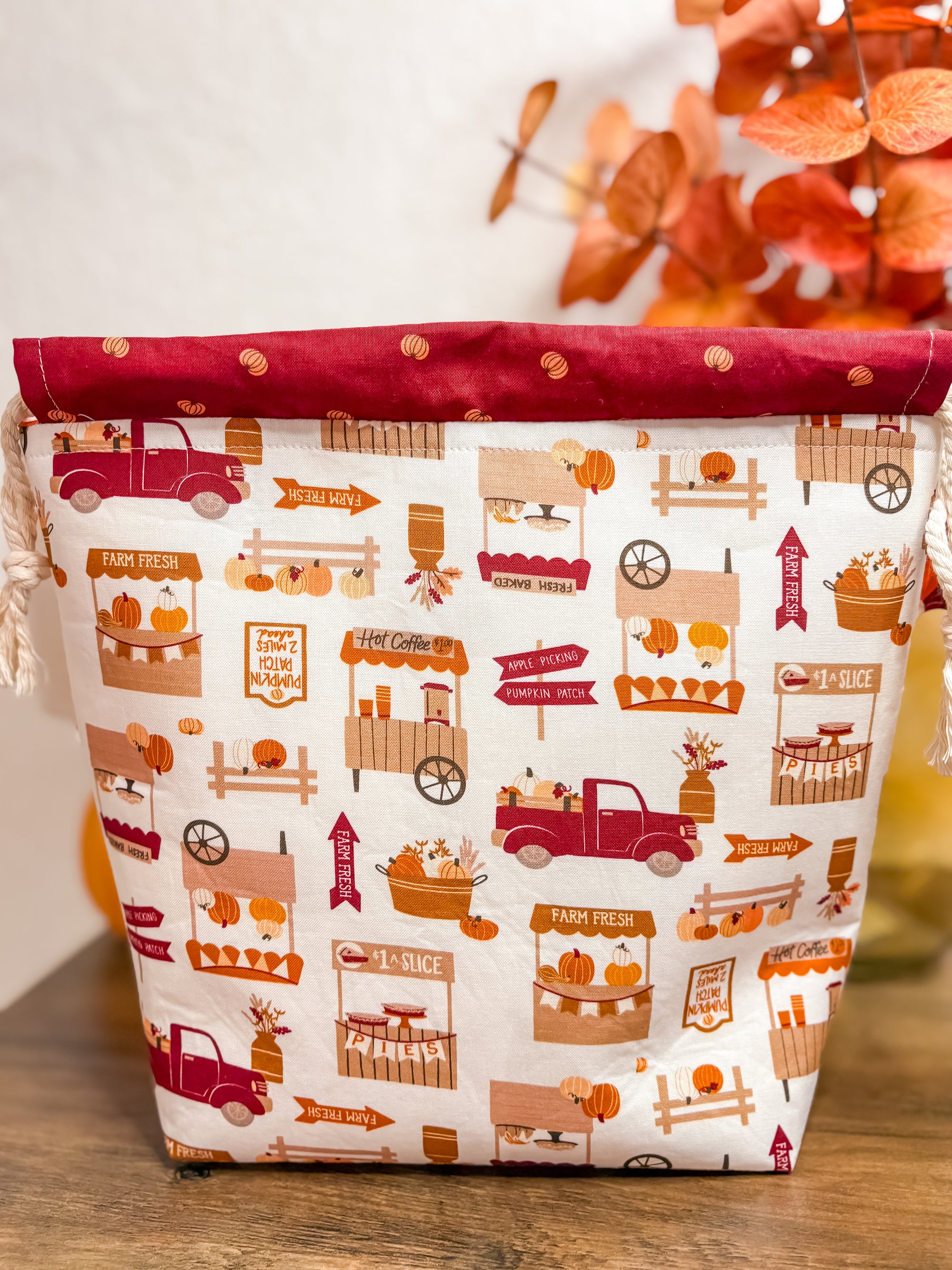 Cider and Pumpkin Spice Drawstring Bag with Pocket (Medium and Regular Size)