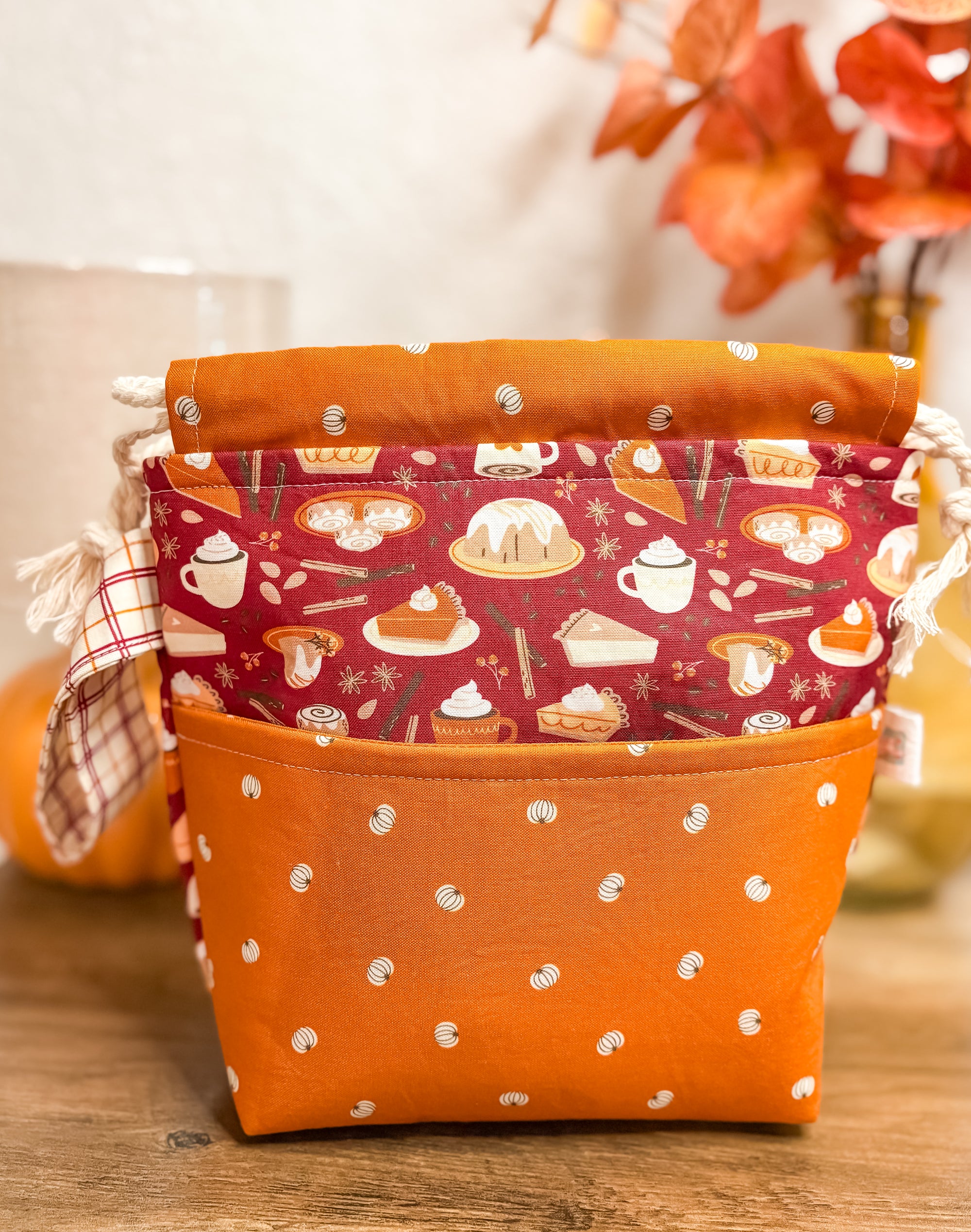 Cider and Pumpkin Spice Drawstring Bag with Pocket (Medium and Regular Size)