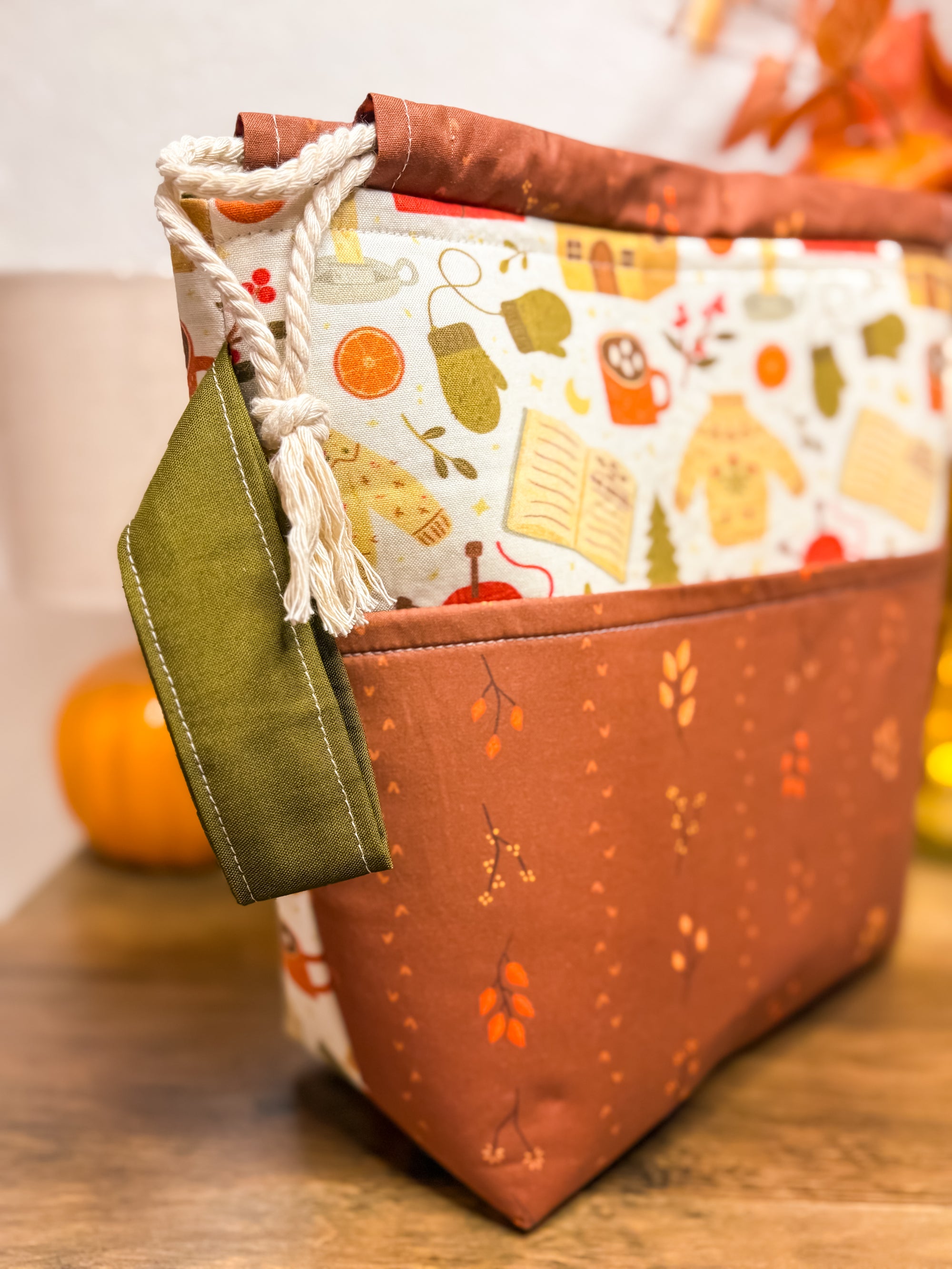 Cozy Fall Cottage Drawstring Project Bag with Pocket