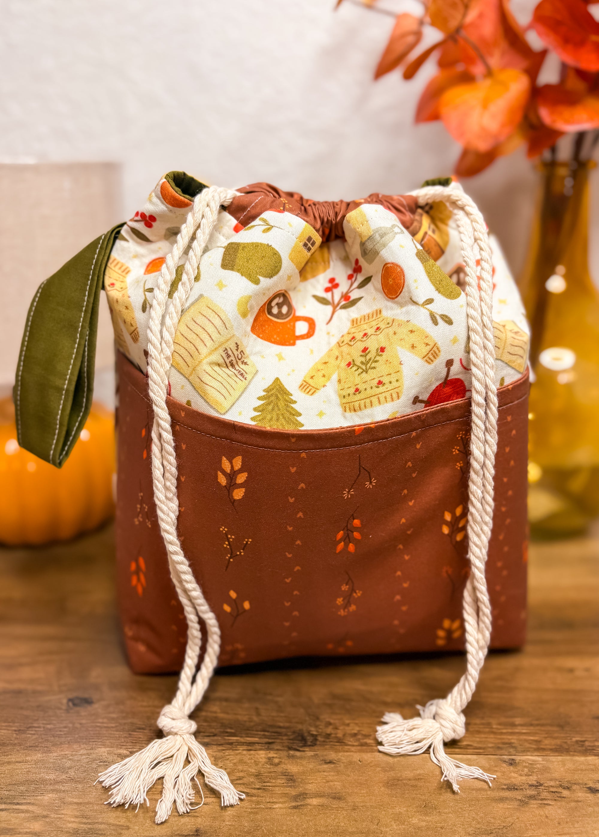 Cozy Fall Cottage Drawstring Project Bag with Pocket