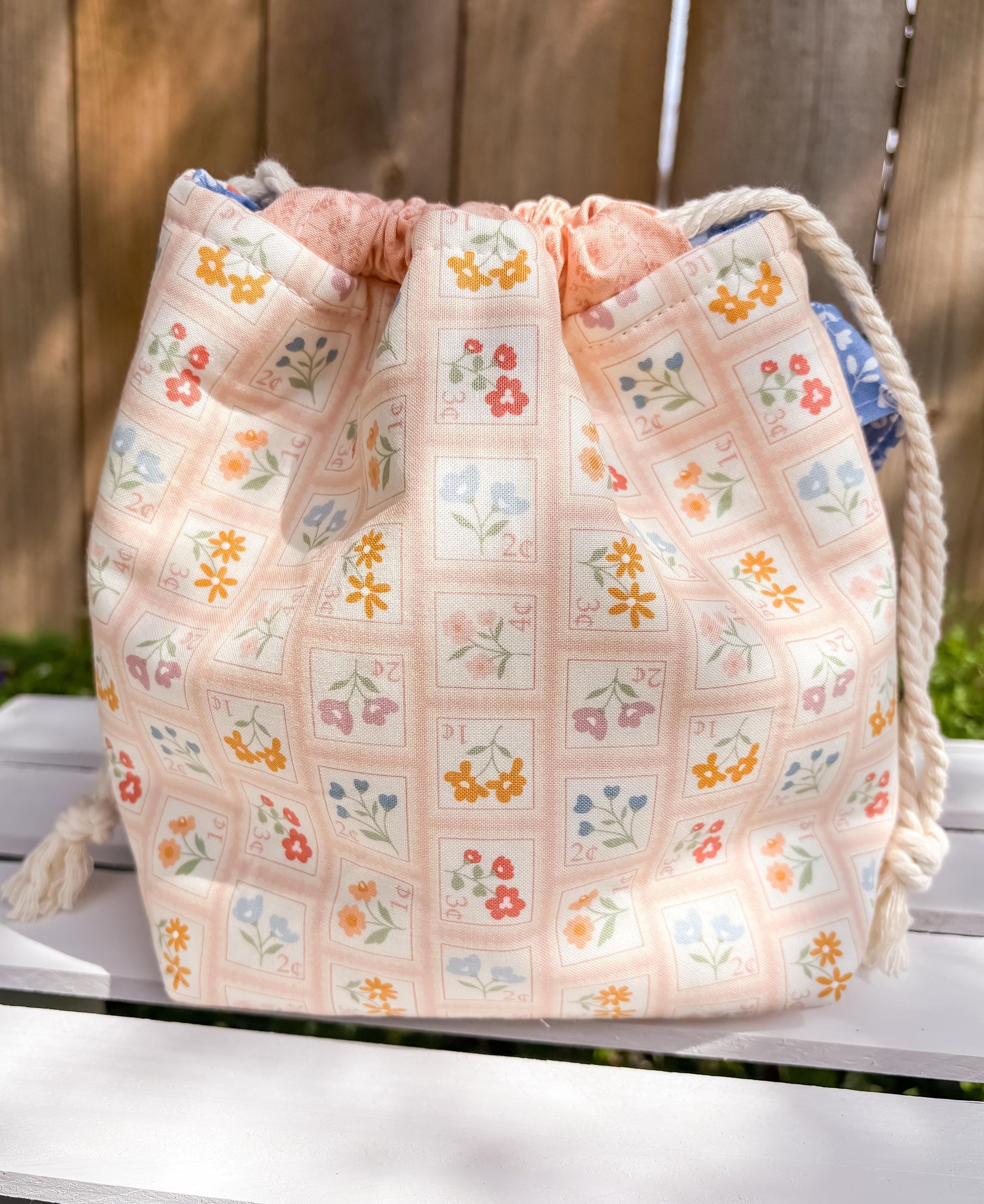 Pretty Postage Drawstring Project Bag with Pocket