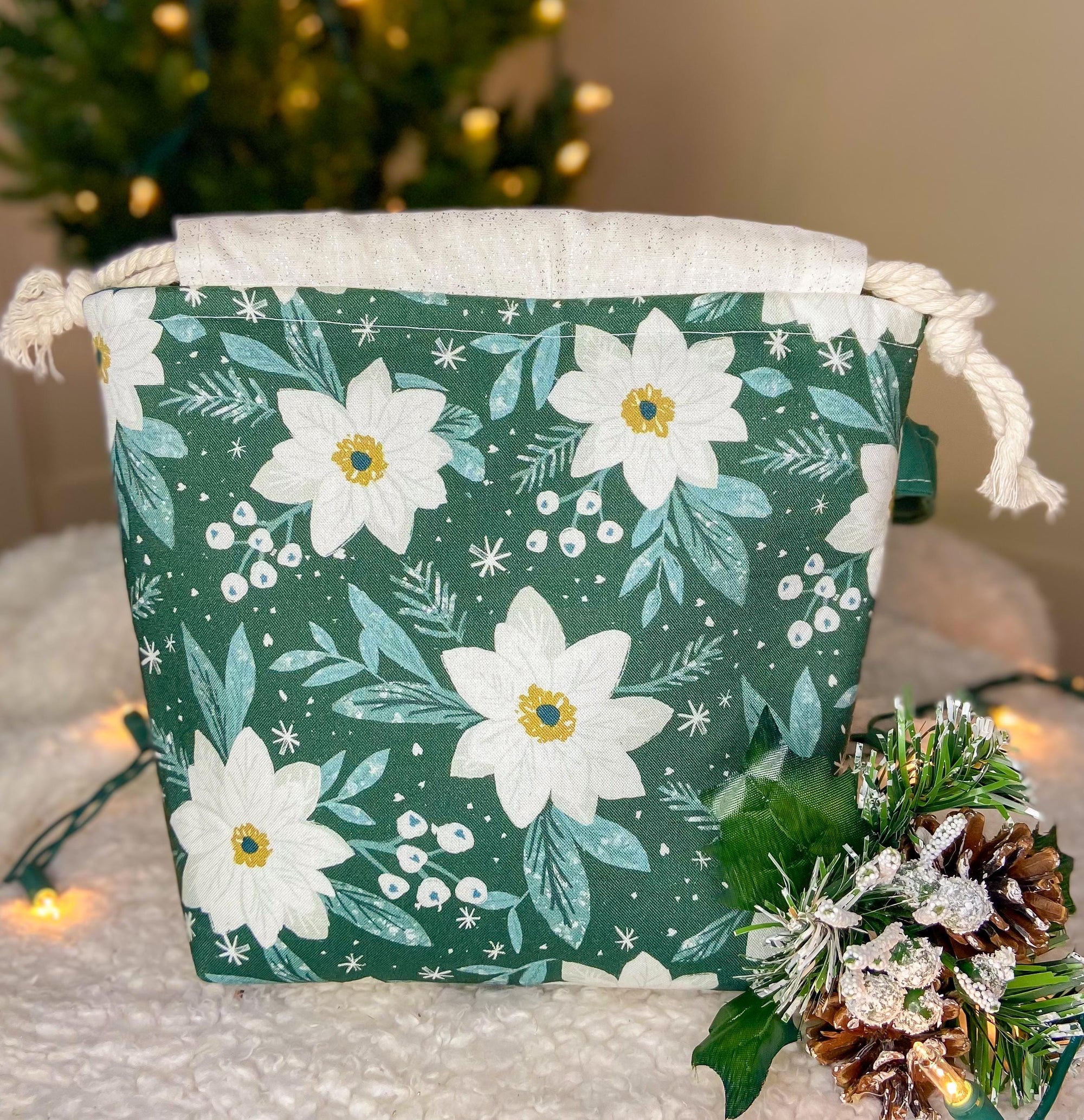 White Pointsettas Drawstring Project Bag with Pocket