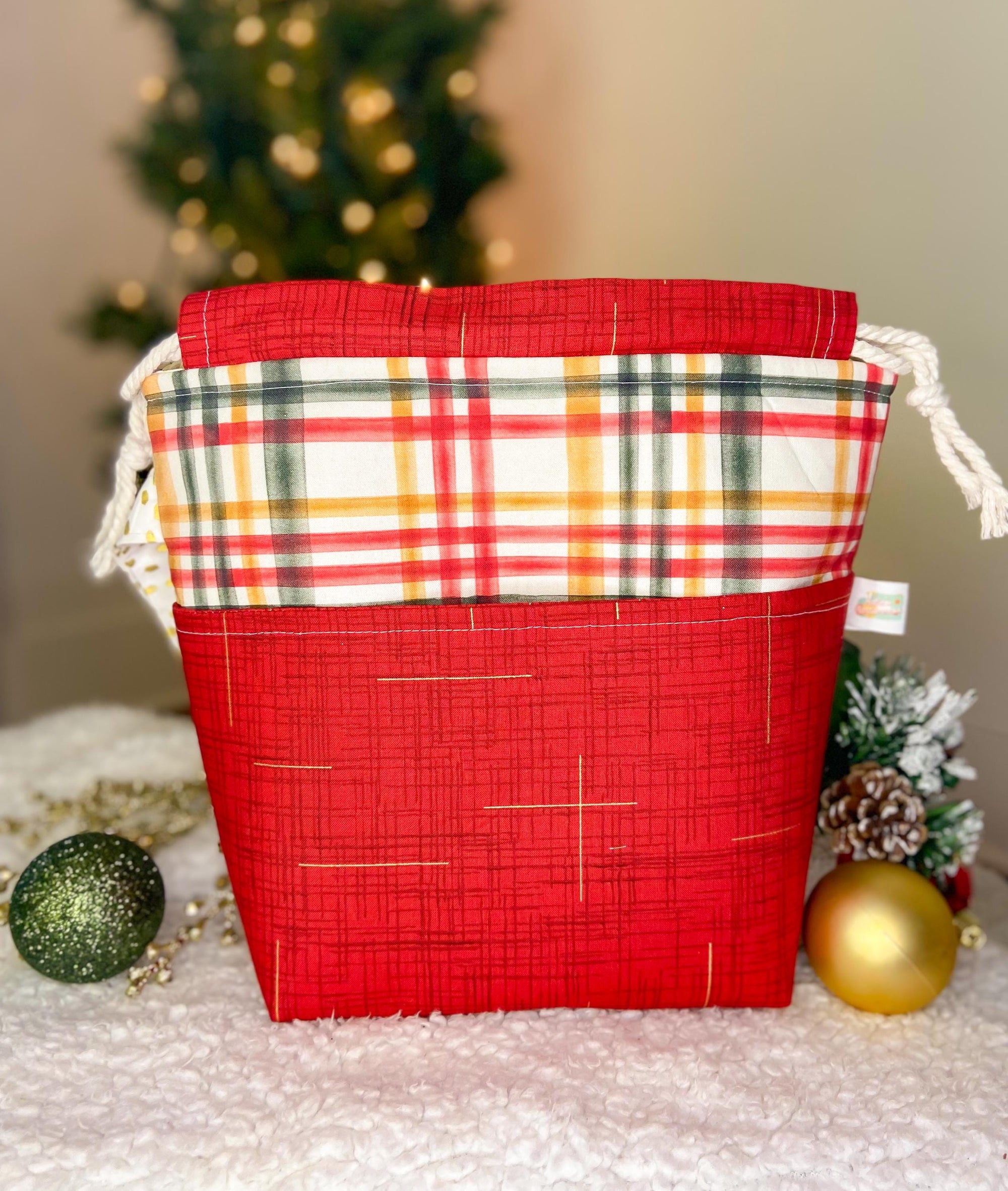 Vintage Christmas Drawstring Project Bag with Pocket