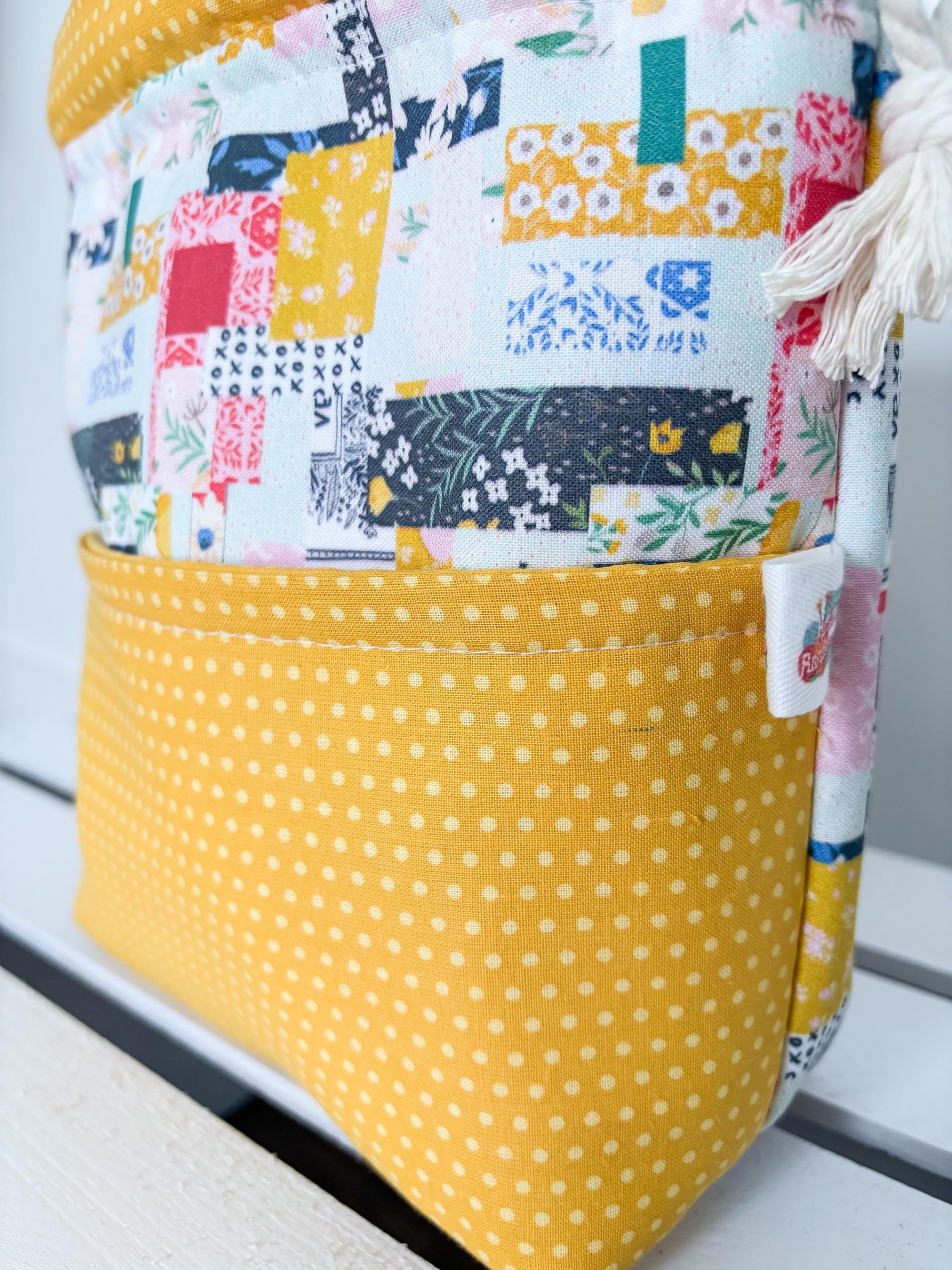 Patchwork Project Bag with Pocket and Drawstring