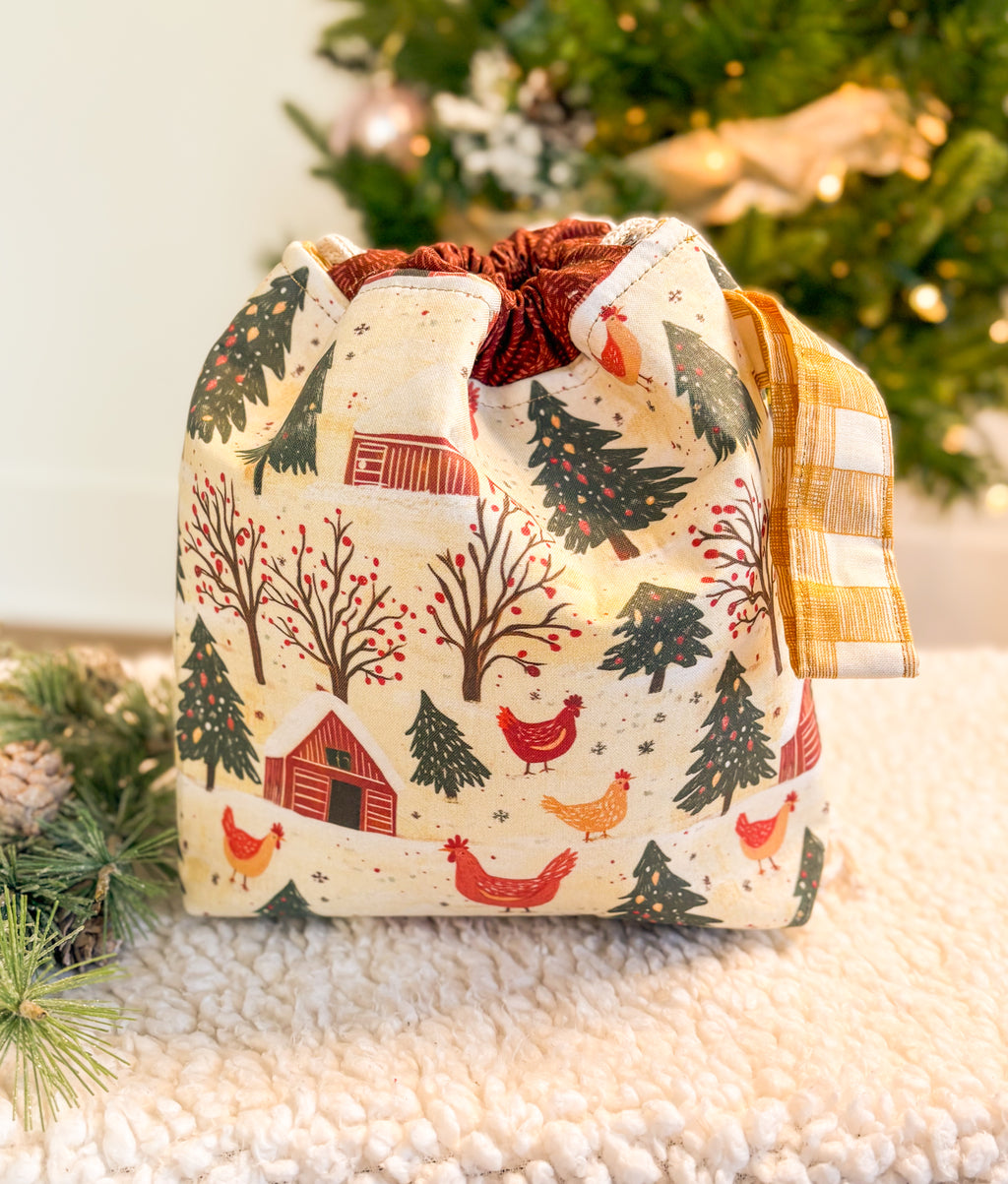Merry Chickmas Drawstring Project bag with Pocket for Knitting and Crochet