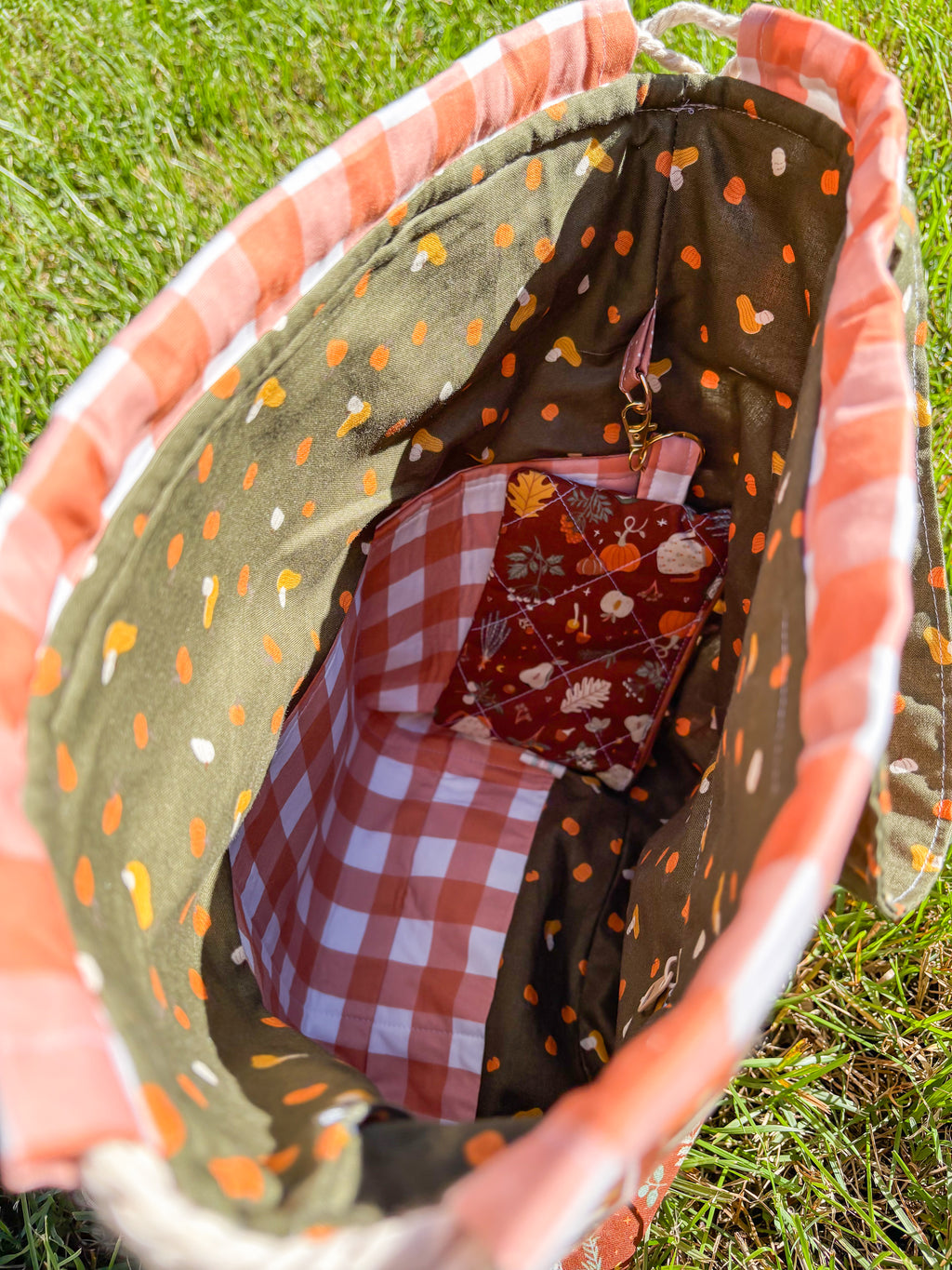 Falling For Fall Sweater Sized Drawstring Project Bag with Pocket for Knitting and Crochet