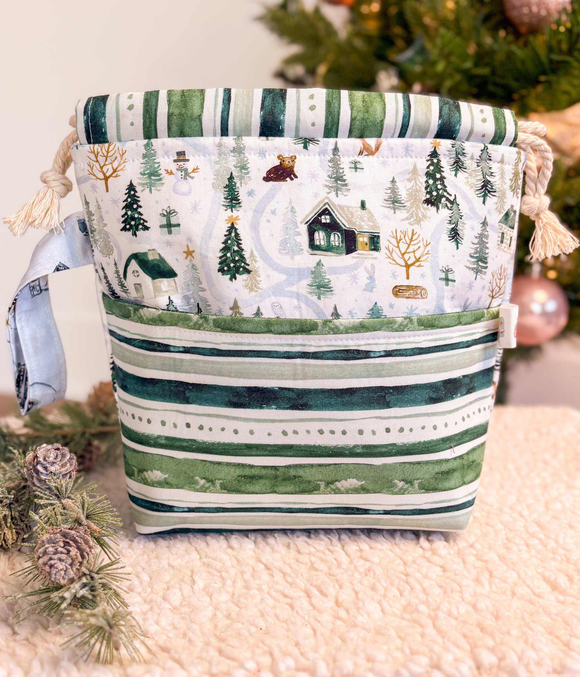 Winter Woods Drawstring Project bag with Pocket for Knitting and Crochet