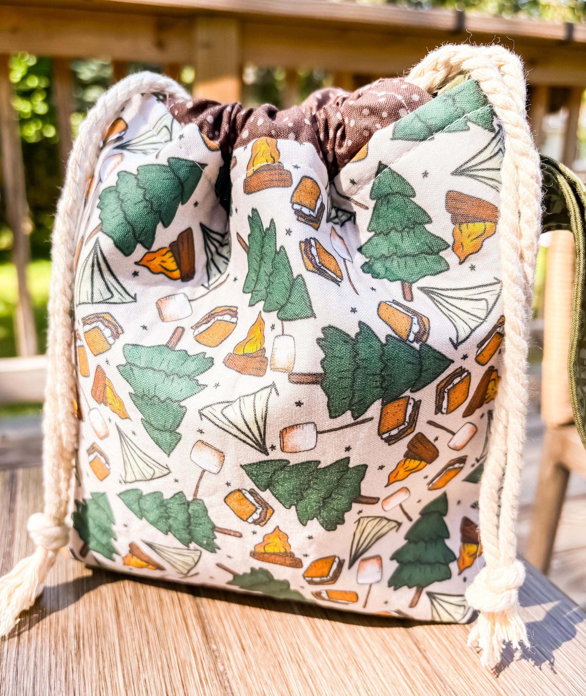 Camping Trip Project Bag with Pocket and Drawstring for Knitting and Crochet