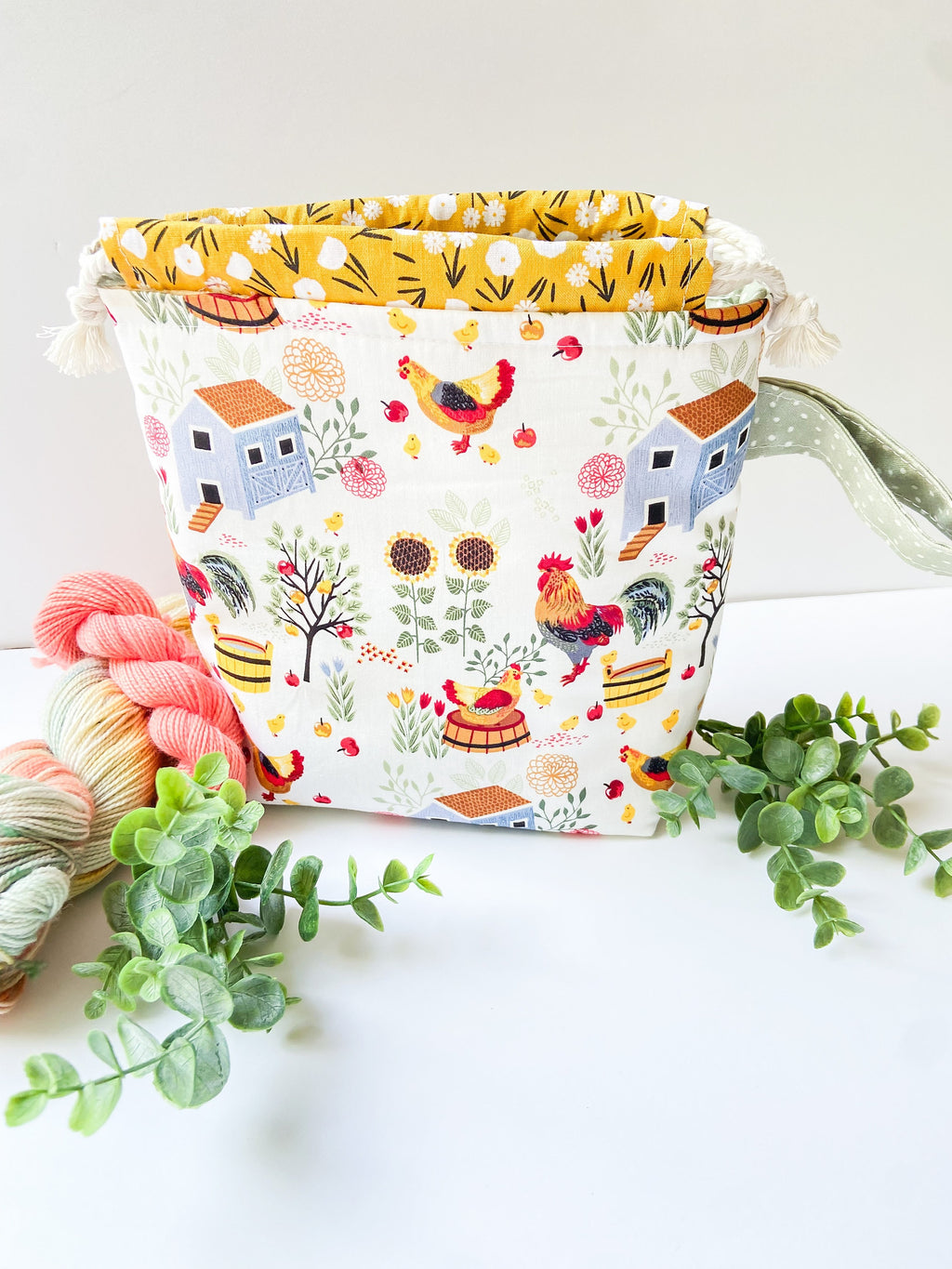 The Sunny Chicken Drawstring Project Bag with Pocket