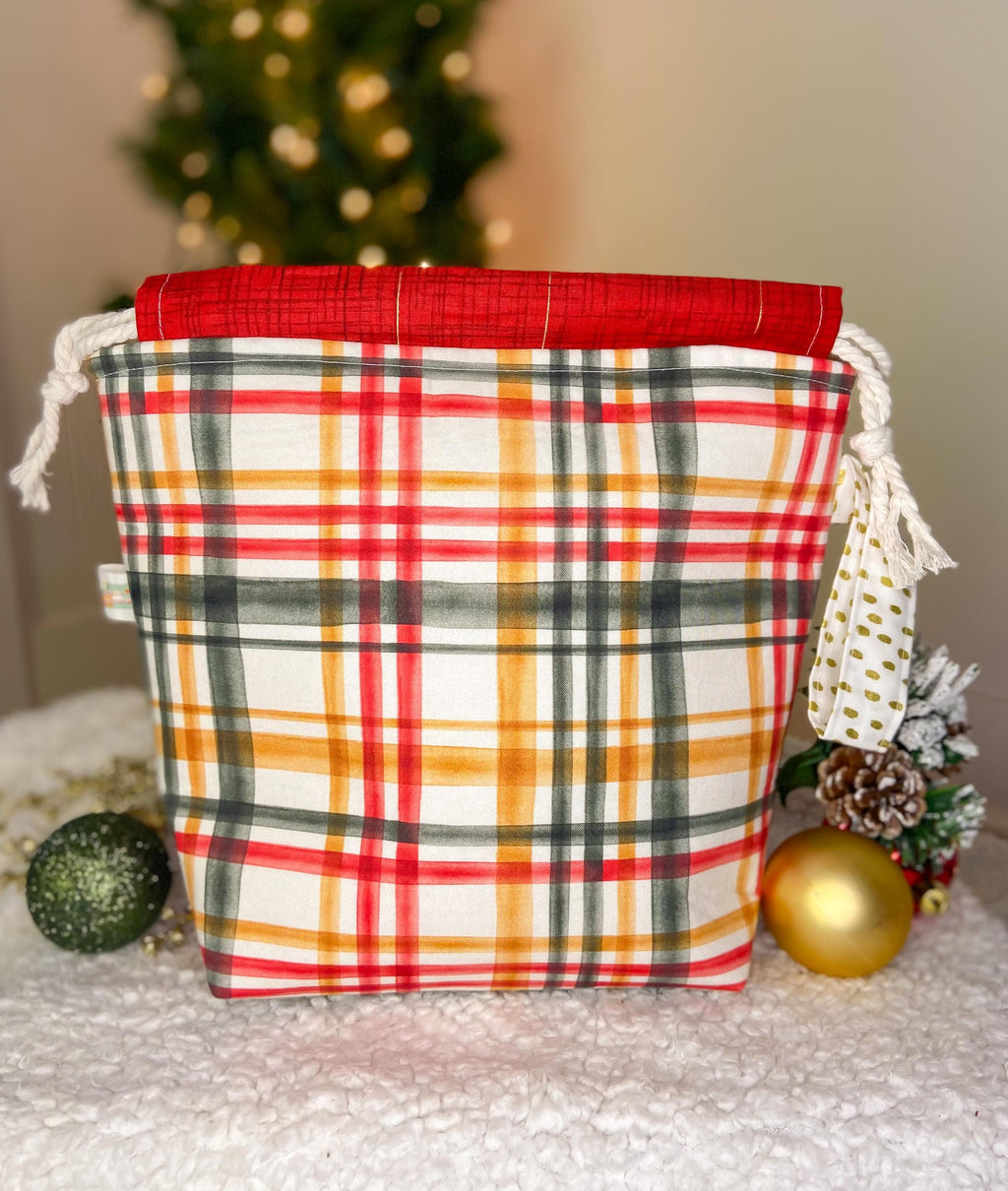 Vintage Christmas Drawstring Project Bag with Pocket