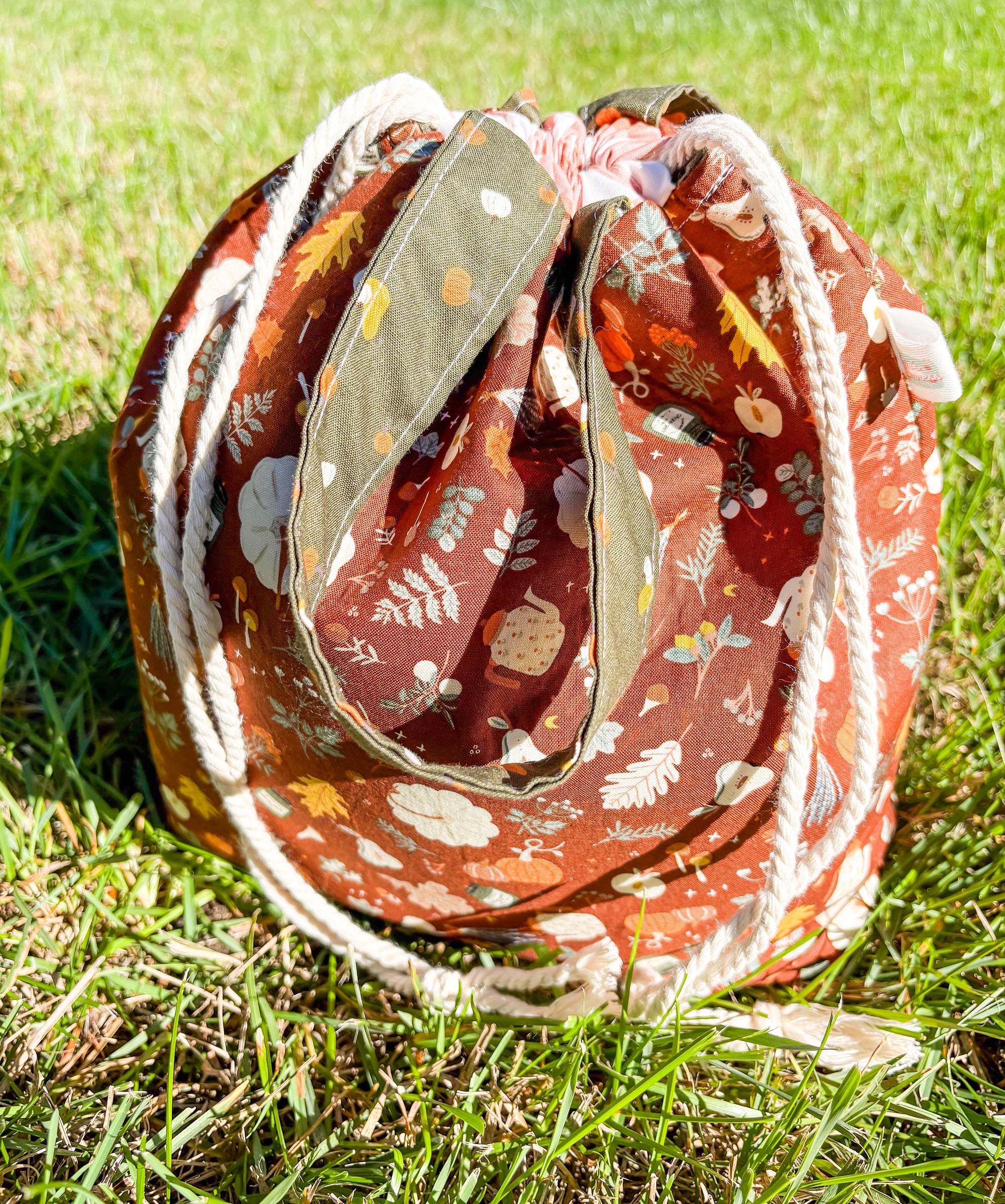 Falling For Fall Sweater Sized Drawstring Project Bag with Pocket for Knitting and Crochet