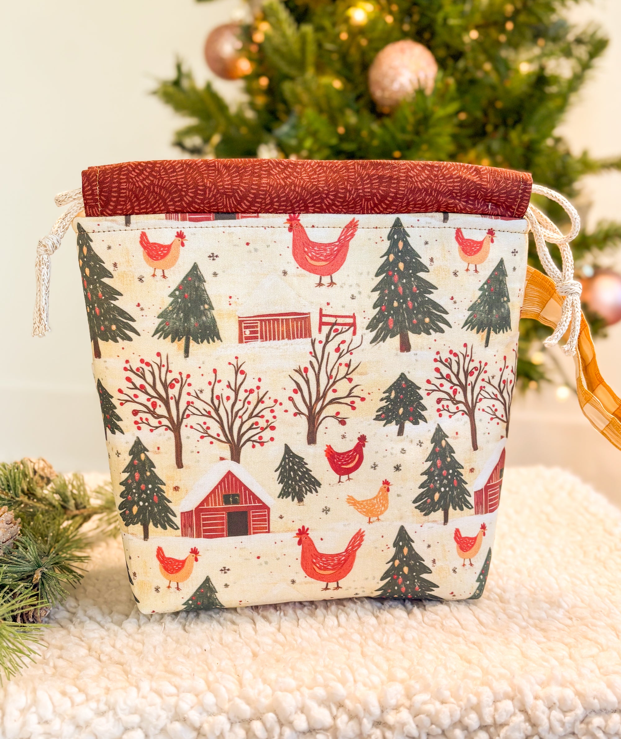 Merry Chickmas Drawstring Project bag with Pocket for Knitting and Crochet