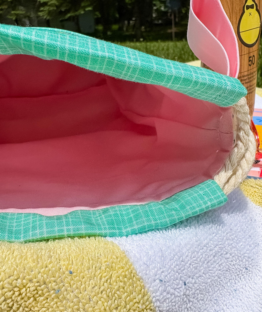 Santa’s Tropical Vacation Drawstring Project Bag with Pocket for Crochet and Knitting