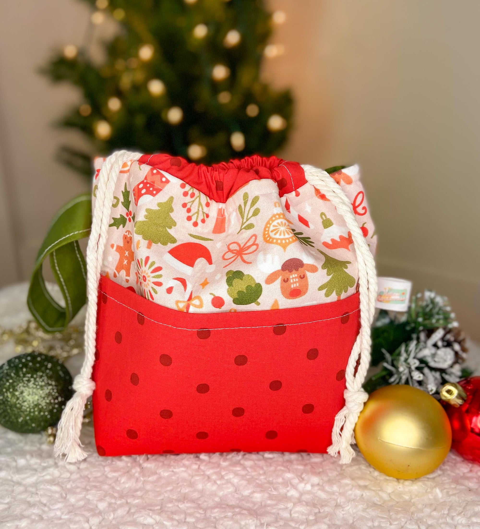 Holly Jolly Drawstring Project Bag with Pocket