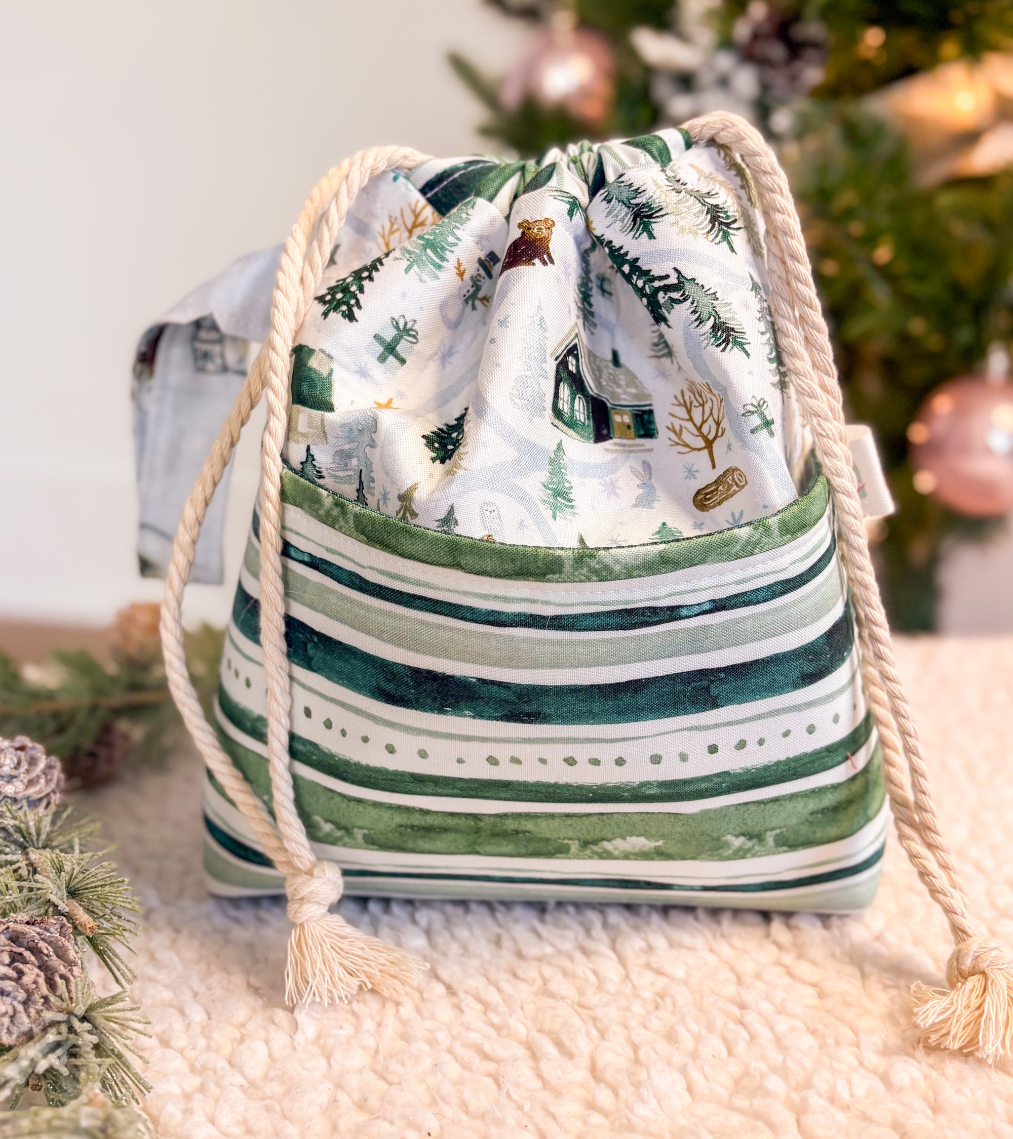 Winter Woods Drawstring Project bag with Pocket for Knitting and Crochet