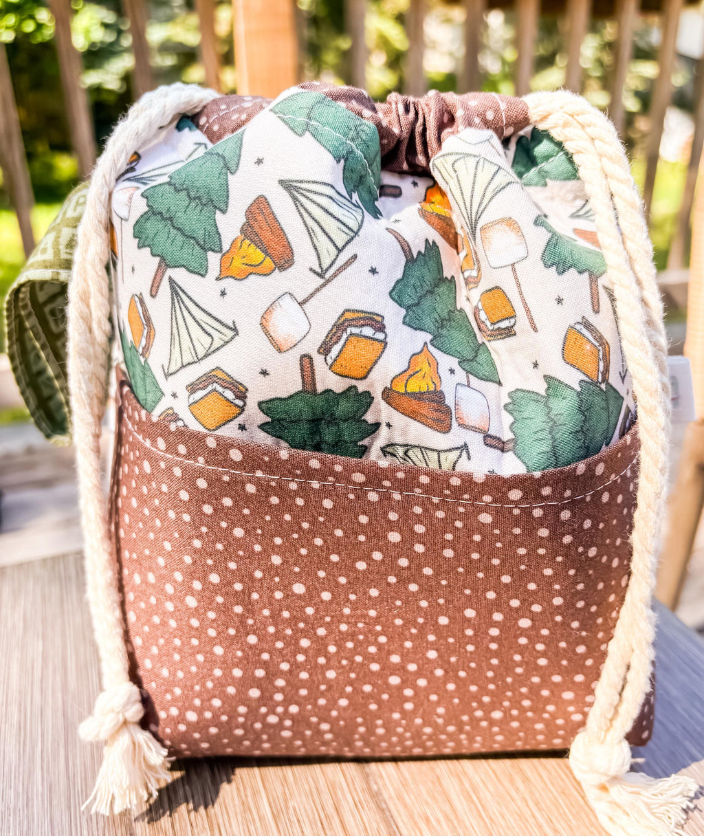 Camping Trip Project Bag with Pocket and Drawstring for Knitting and Crochet