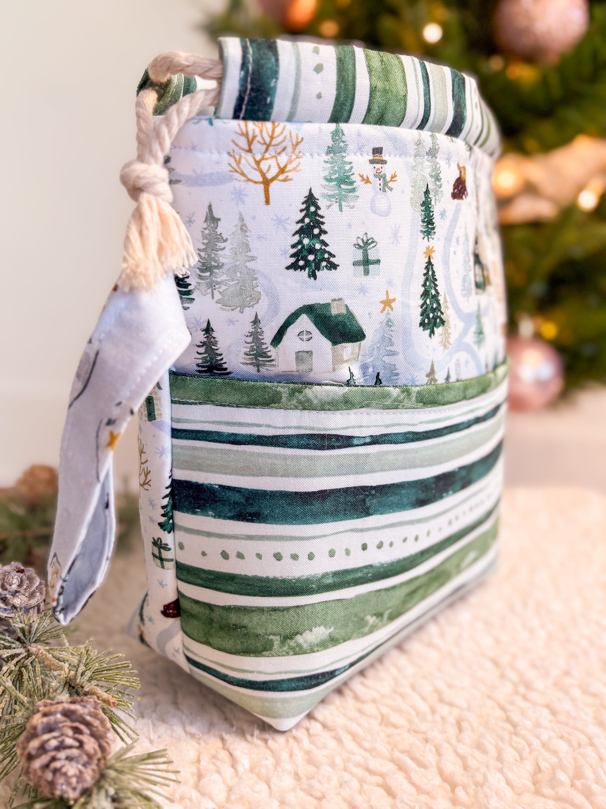 Winter Woods Drawstring Project bag with Pocket for Knitting and Crochet