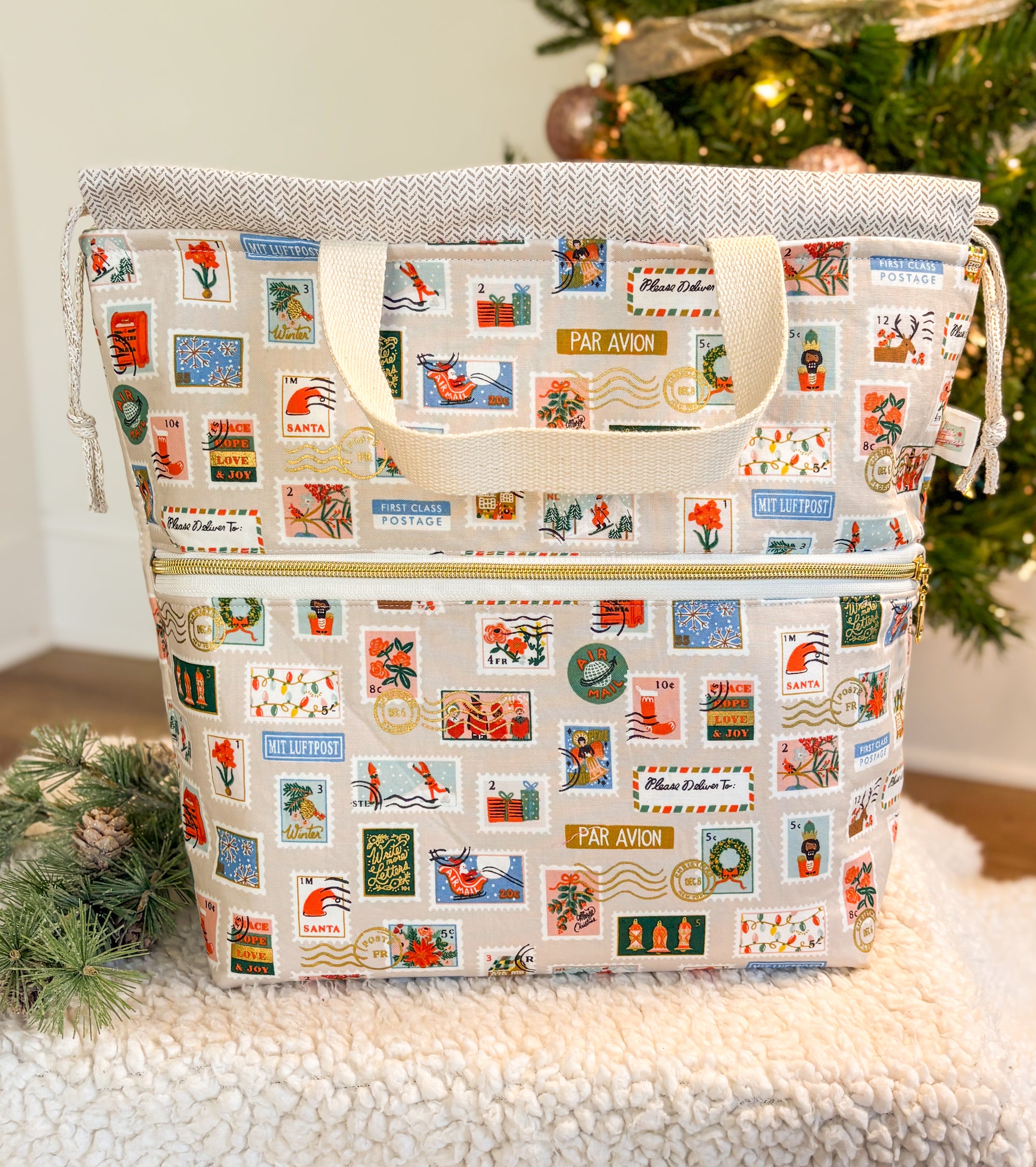 Letters to Santa Sweater Sized Drawstring Project Bag with Zipper Pockets for Knitting and Crochet