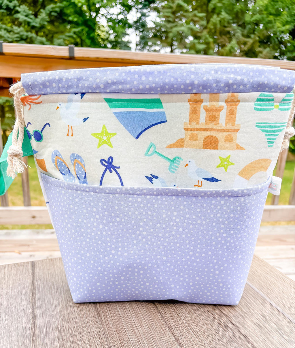 At the Ocean Medium Drawstring Project Bag with Pocket for Knitting and Crochet