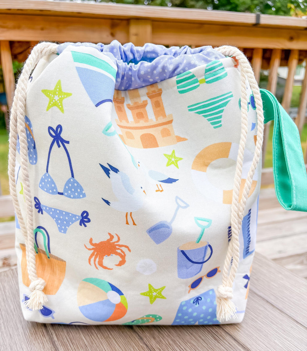 At the Ocean Medium Drawstring Project Bag with Pocket for Knitting and Crochet