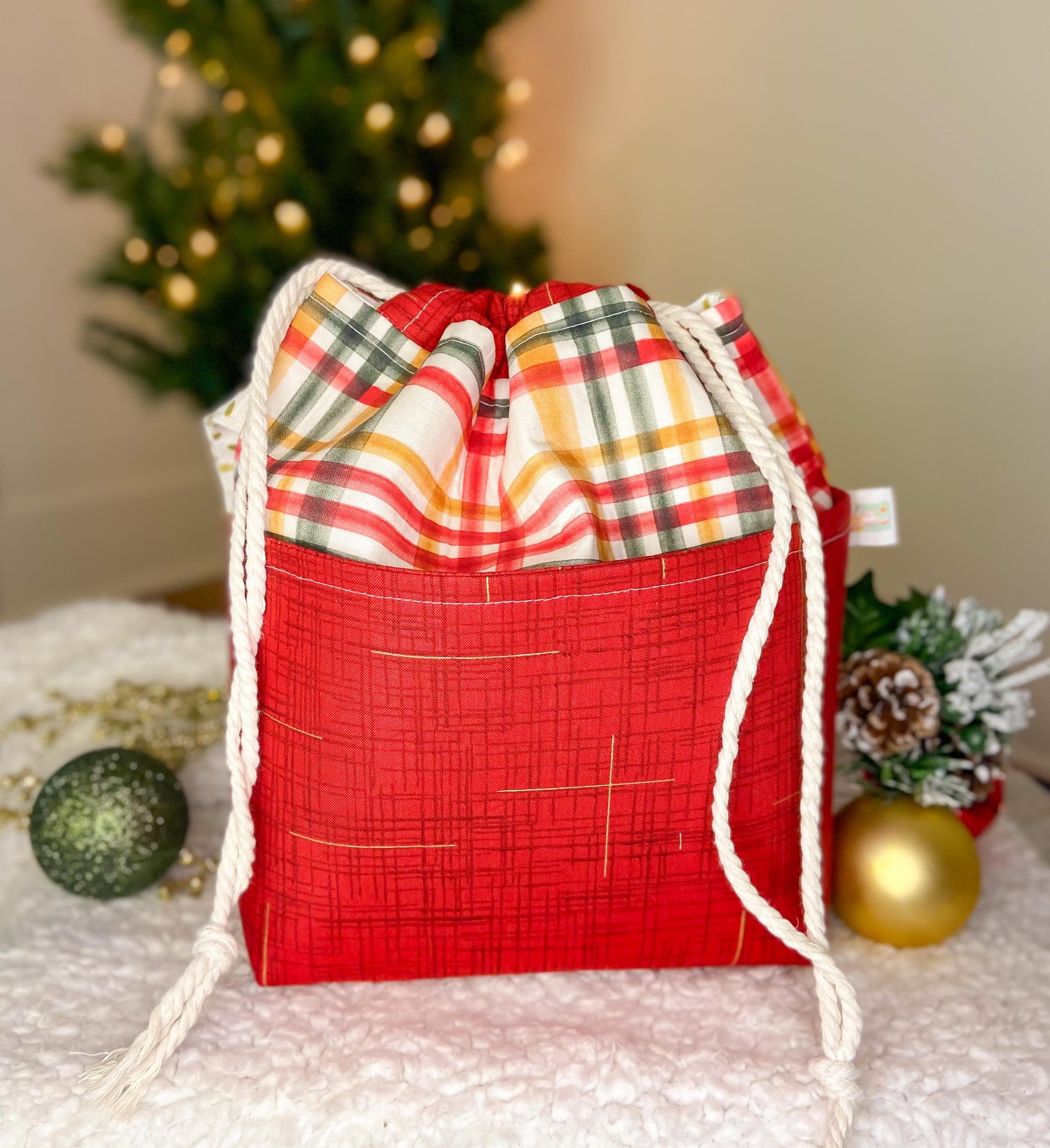 Vintage Christmas Drawstring Project Bag with Pocket