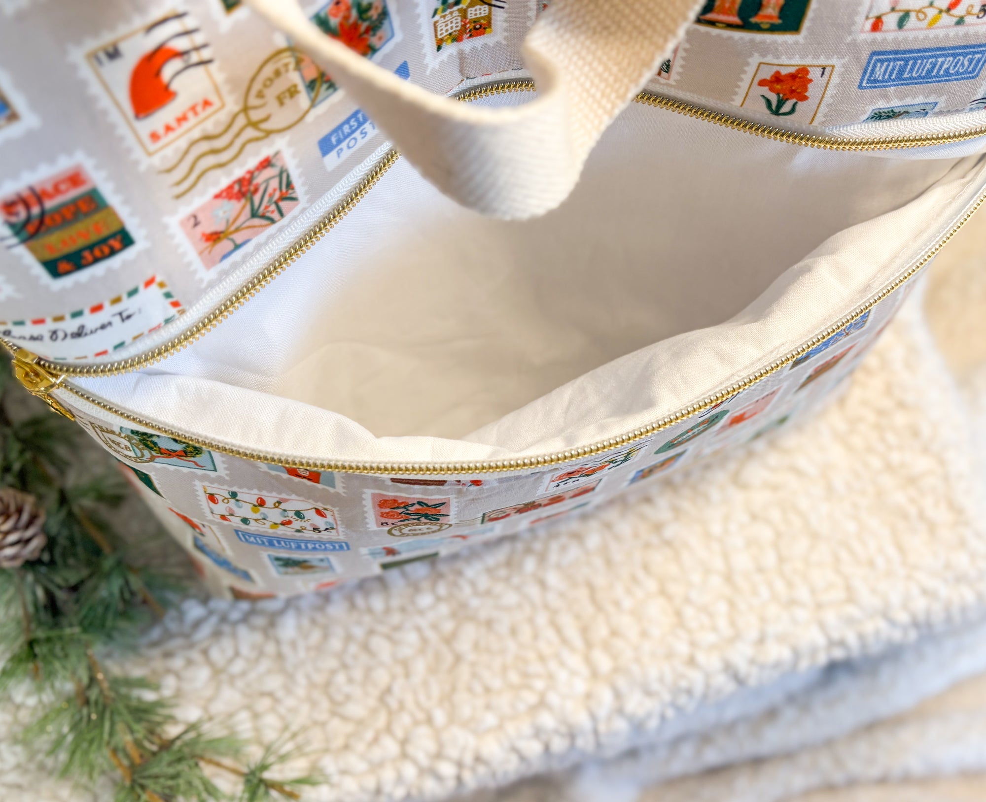 Letters to Santa Sweater Sized Drawstring Project Bag with Zipper Pockets for Knitting and Crochet