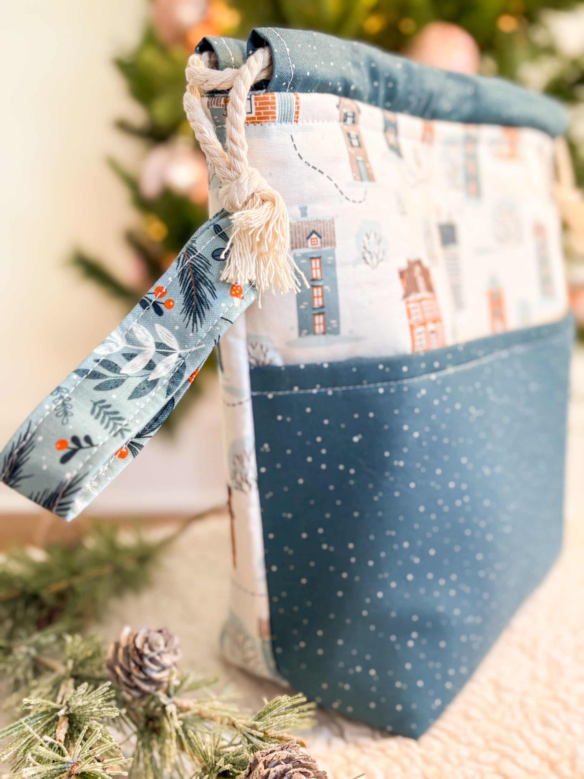 Winter Wonderland Drawstring Project Bag with Pocket for Knitting and Crochet