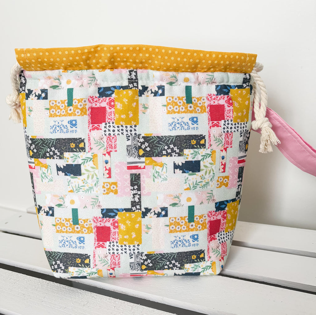 Patchwork Project Bag with Pocket and Drawstring