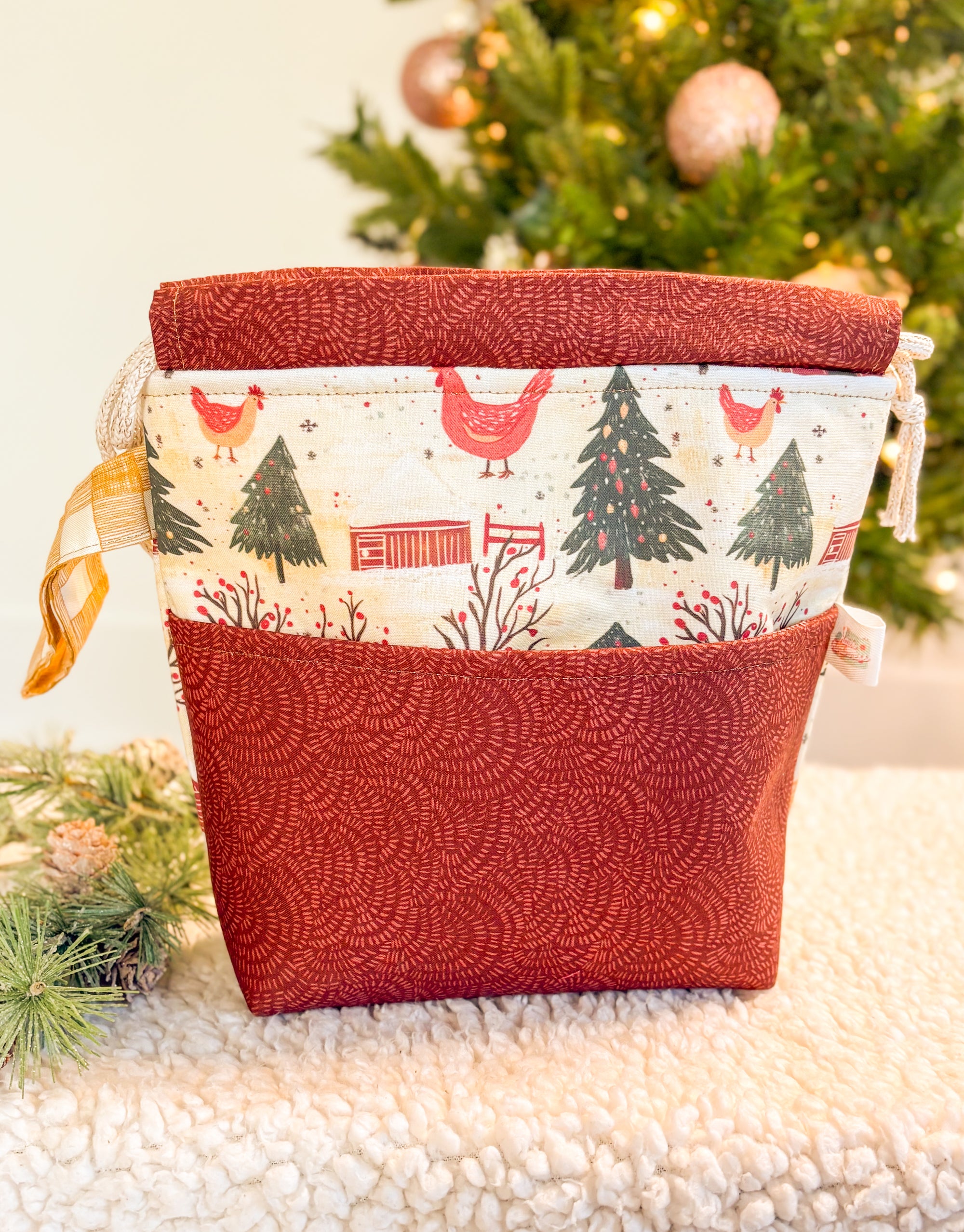Merry Chickmas Drawstring Project bag with Pocket for Knitting and Crochet