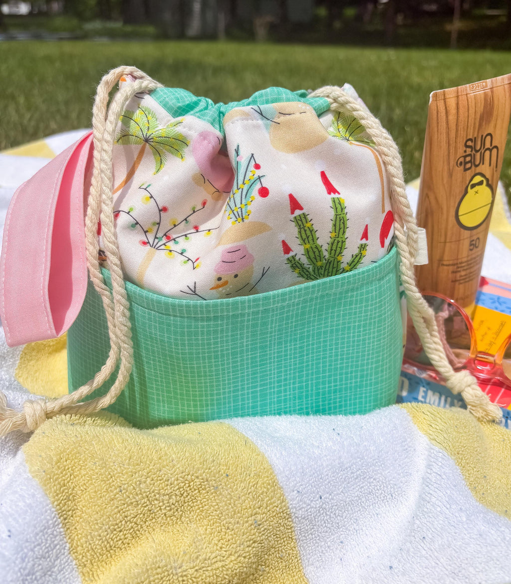 Santa’s Tropical Vacation Drawstring Project Bag with Pocket for Crochet and Knitting