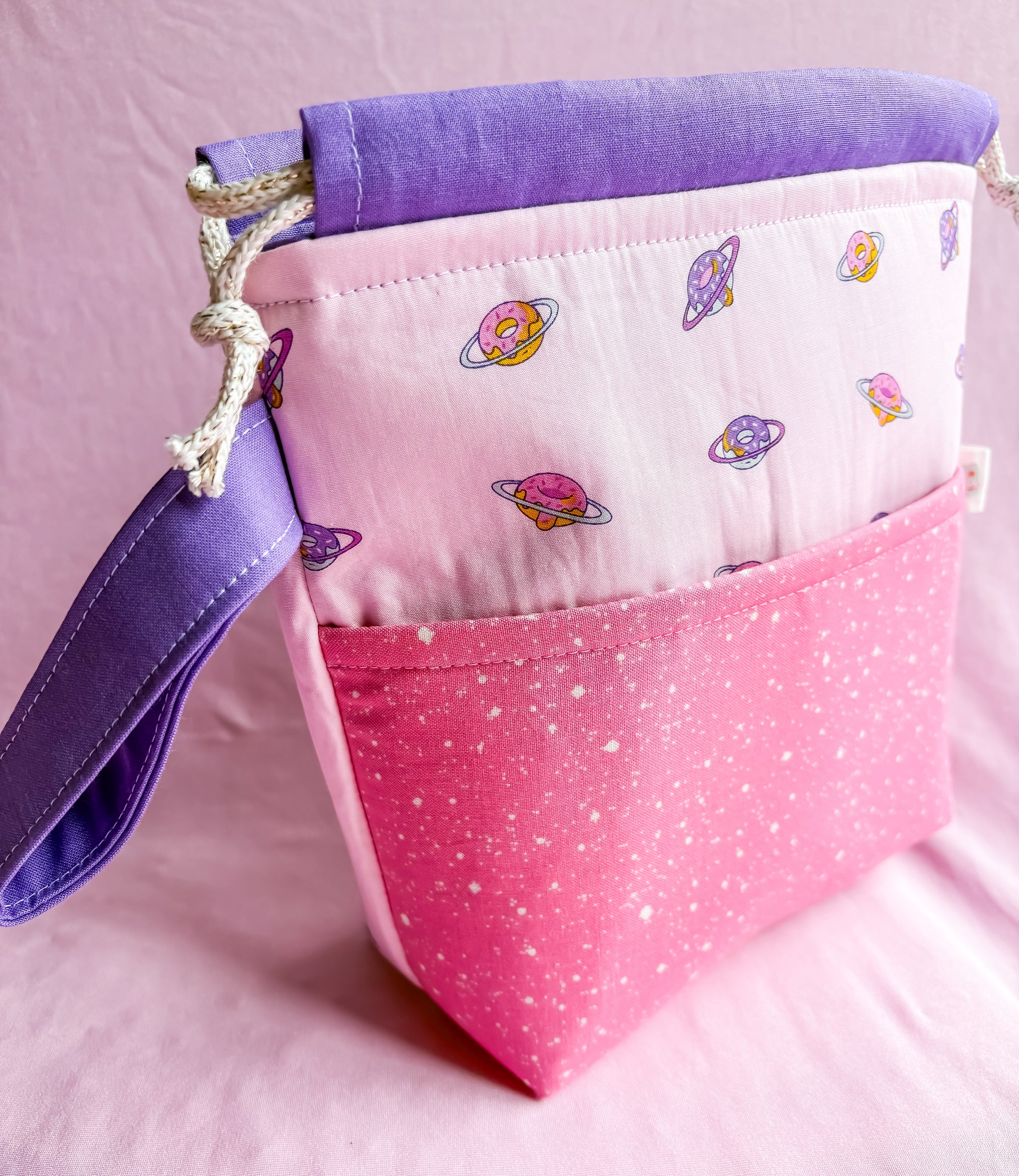 Planet Delicious Small Drawstring Project Bag with Pocket for Knitting and Crochet