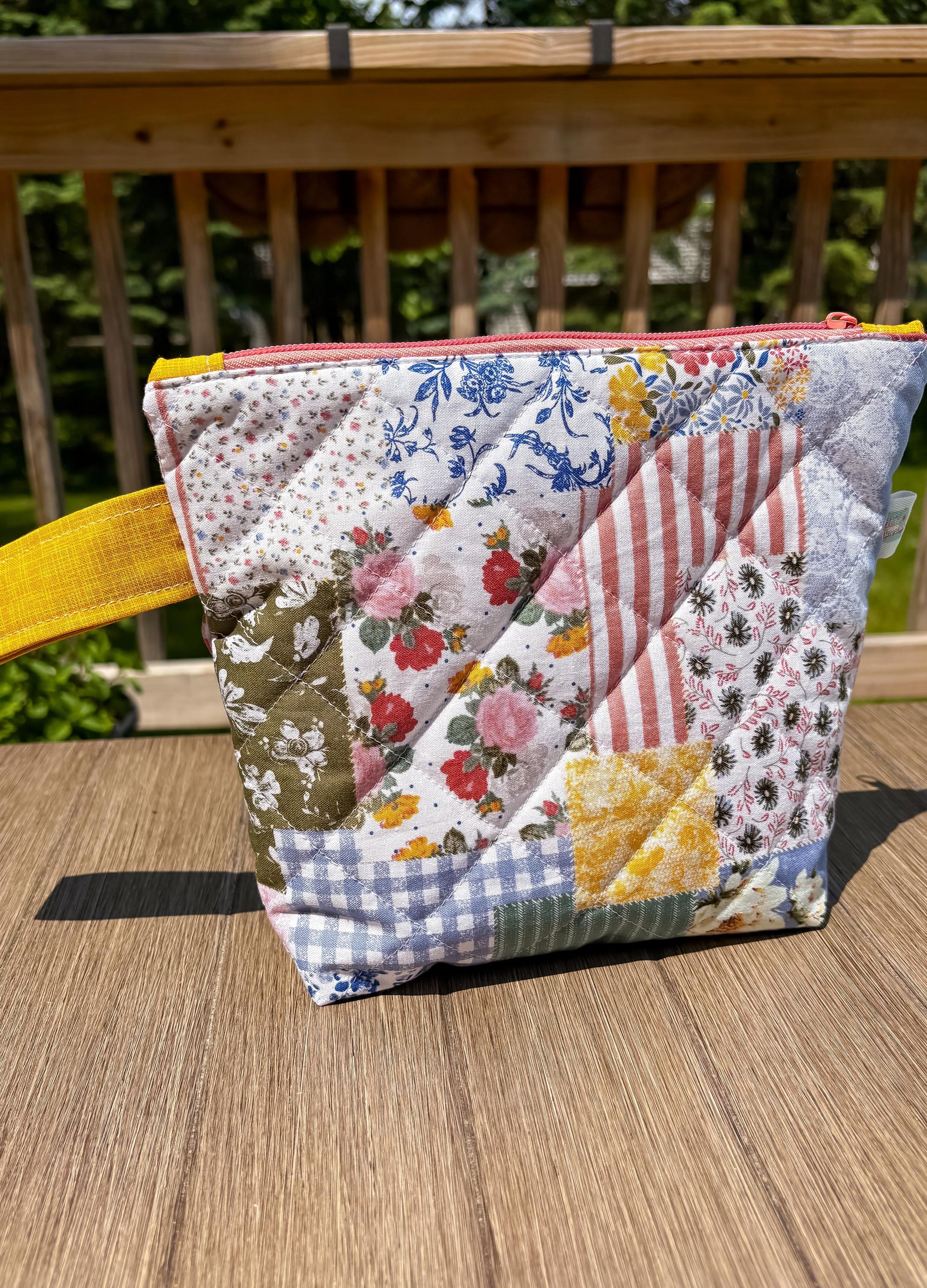 Floral Picnic Quilted Project Bag with Zipper and Notions Clasp for Crochet and Knitting