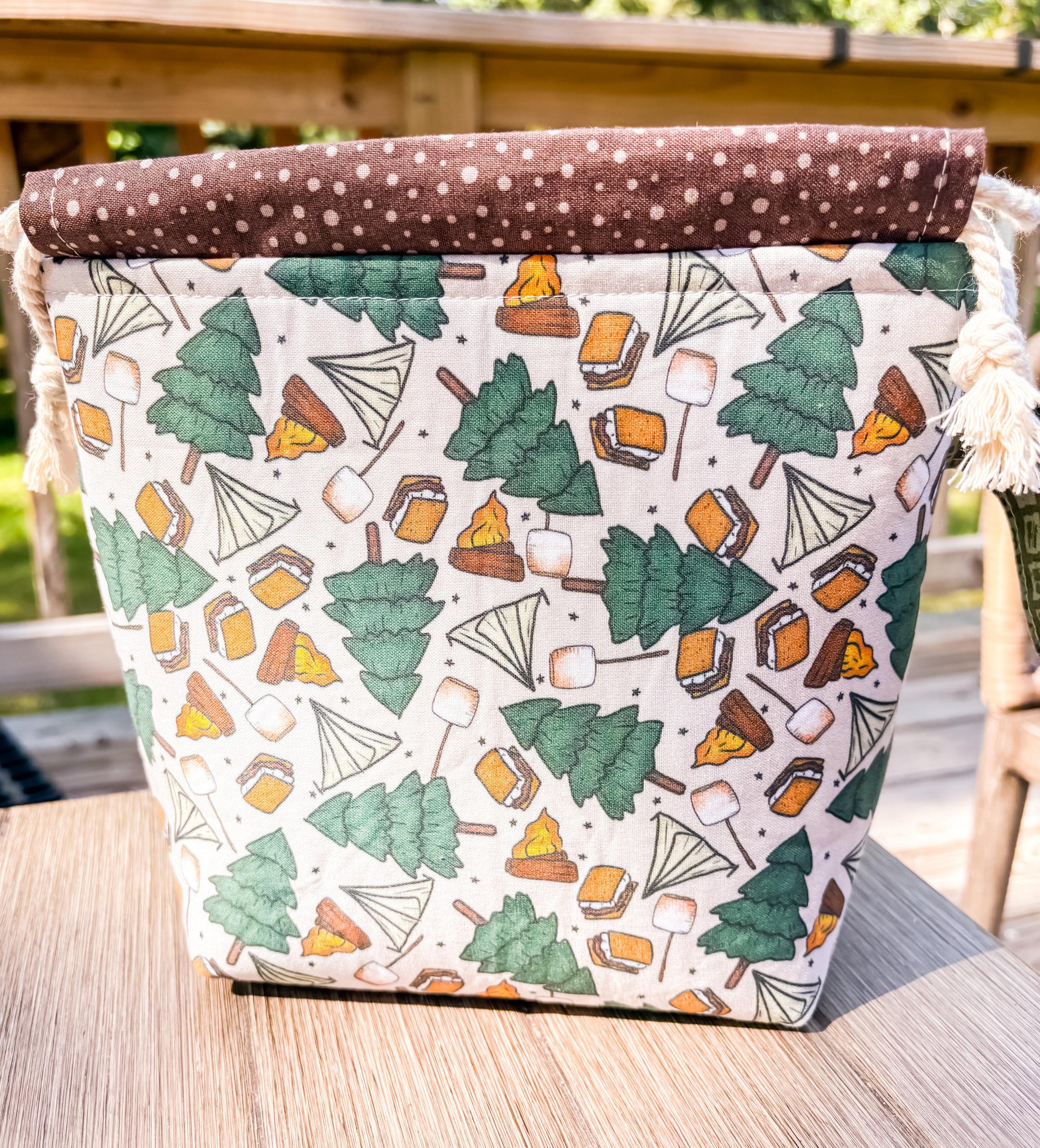 Camping Trip Project Bag with Pocket and Drawstring for Knitting and Crochet