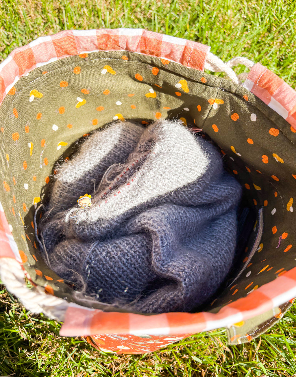 Falling For Fall Sweater Sized Drawstring Project Bag with Pocket for Knitting and Crochet