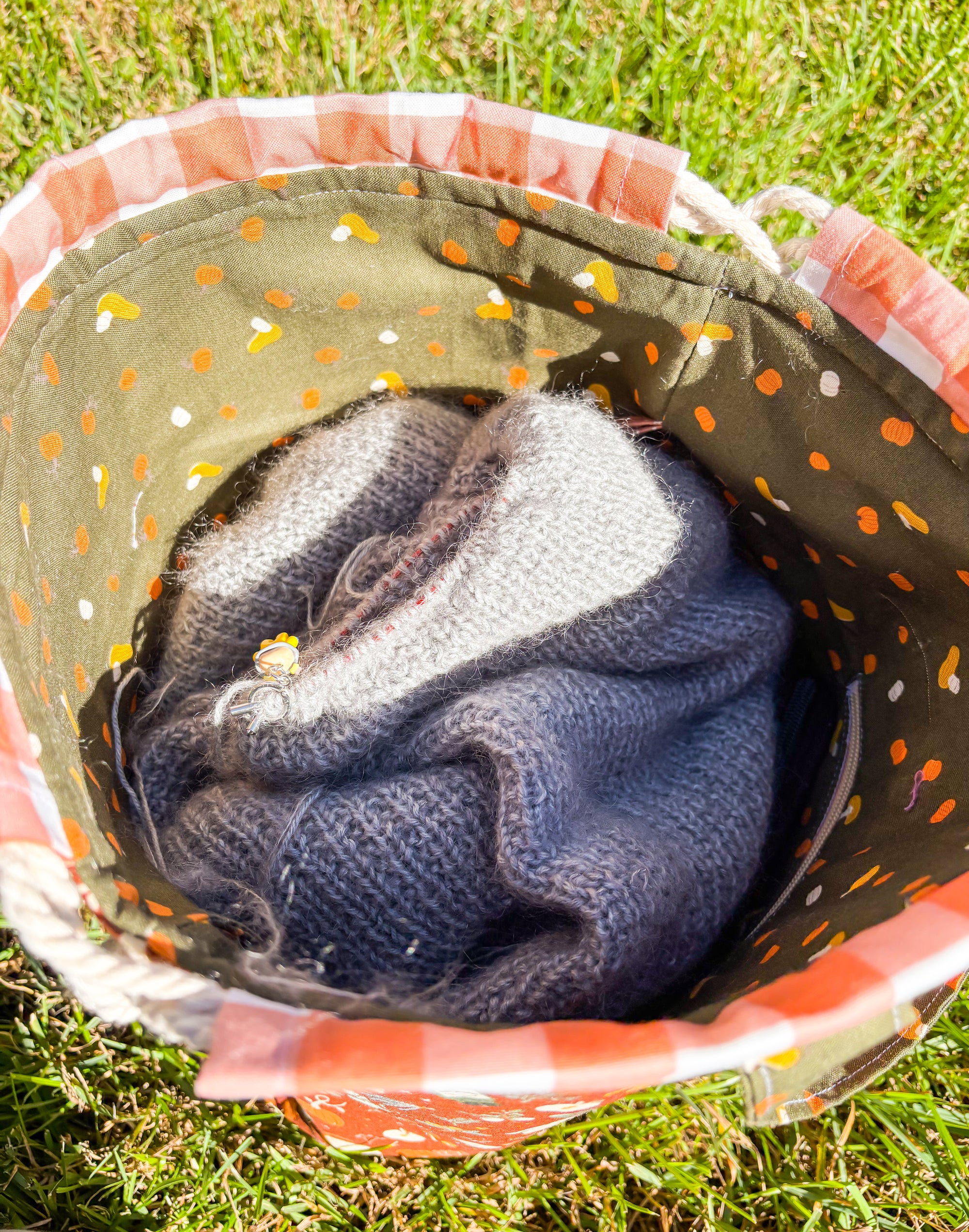 Falling For Fall Sweater Sized Drawstring Project Bag with Pocket for Knitting and Crochet